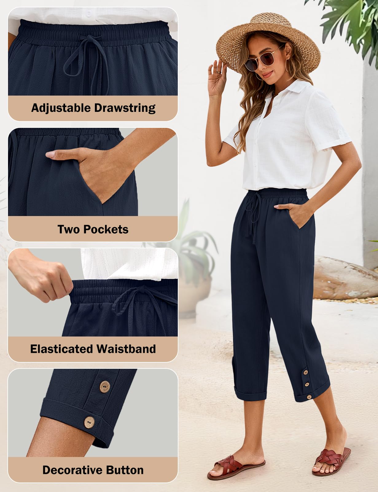 Voqeen Pantalon Femme Été Léger 3/4 Pantacourt Fluide Elastique avec Poches Coton Vêtement Chic Elegant Décontractée Pants de Plage