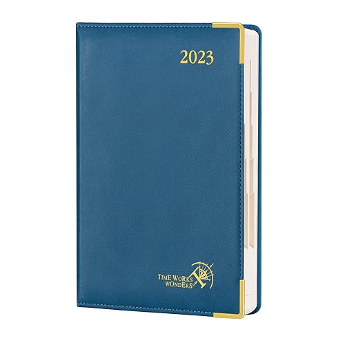 POPRUN Premium Executive Diary 2023 Day to Page 21.5 x 14.5 cm -A5 Daily Planner 2023 Day per Page with FSC® Certified Paper,Monthly Tabs,Inner Pocket &amp; Vegan Leather Hardback- Navy Blue