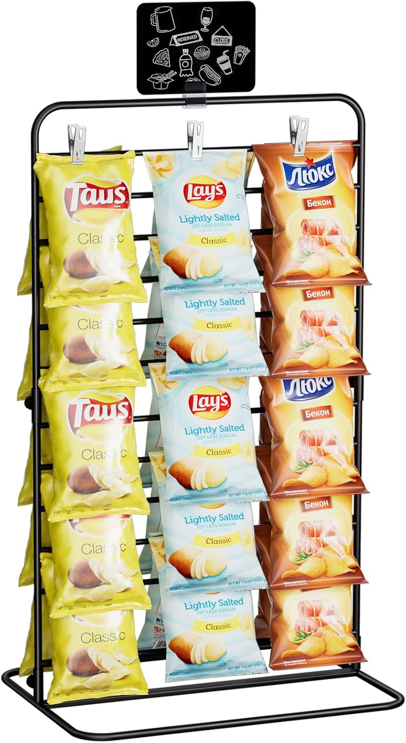 Nuovoware Chip Rack Display Stand, 11-Row Chip Bag Holder with 60 Clips, Potato Chip Rack Hanging Candy Display Organizer for Concession Stand, Retail, Party, Countertop with Display Label, Black