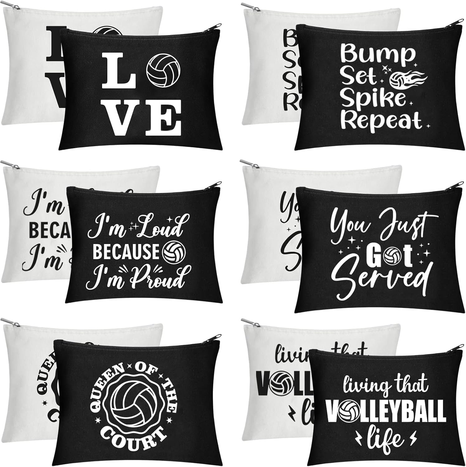 Weewooday 12 Pieces Volleyball Makeup Bags Gift Canvas Cosmetic Bags with Words Volleyball Portable Storage Case Travel Make up Pouches with Zipper for Women, 2 Colors