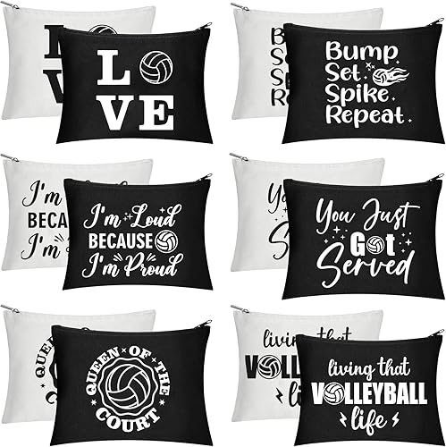 Weewooday 12 bolsas de maquillaje de voleibol, bolsas de lona para cosméticos con palabras, estuche de almacenamiento portátil de voleibol, bolsas