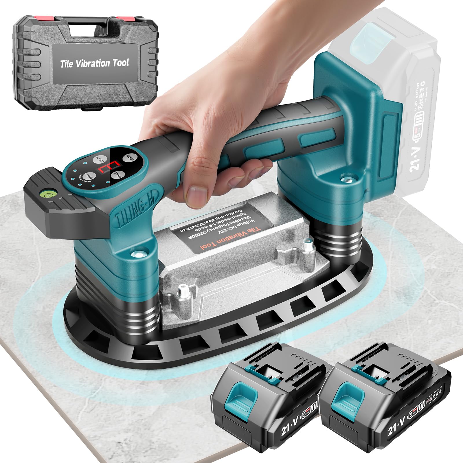 Vibratore per Piastrelle Compatibile con Maa-kita 18V 21V Batteria, 225mm Ventosa Vibrante per Piastrelle 400 KG di Forza di Aspirazione in 9 Marce, per Piastrelle Vetro, 2 * 2.0Ah Batteria