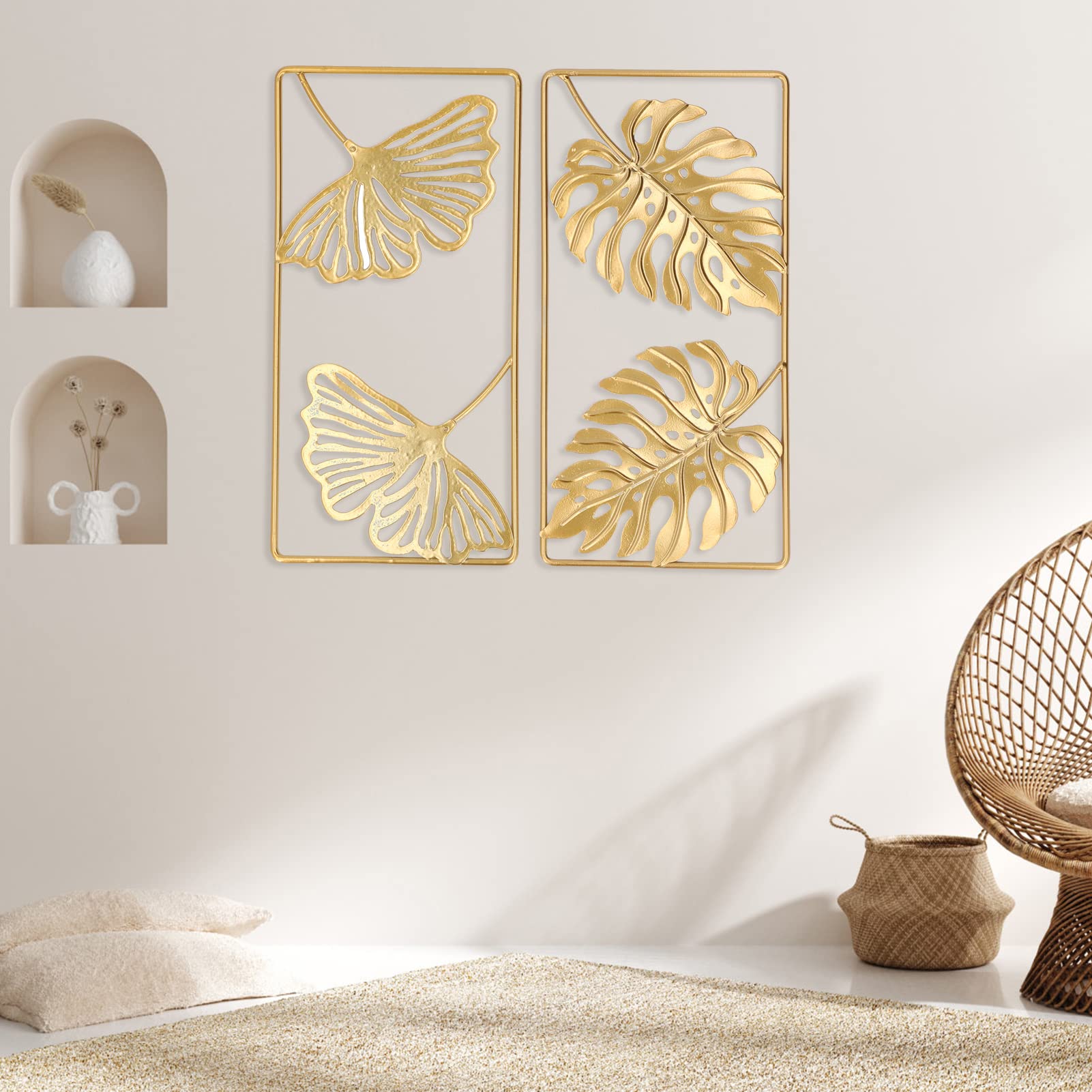 XNIUIUGinkgo Leaf Wall Decor 9.4 x 4.7in Golden Ginkgo LeavXNIUIU Metal Wall Decor with Frame for Living Room Bedroom Office