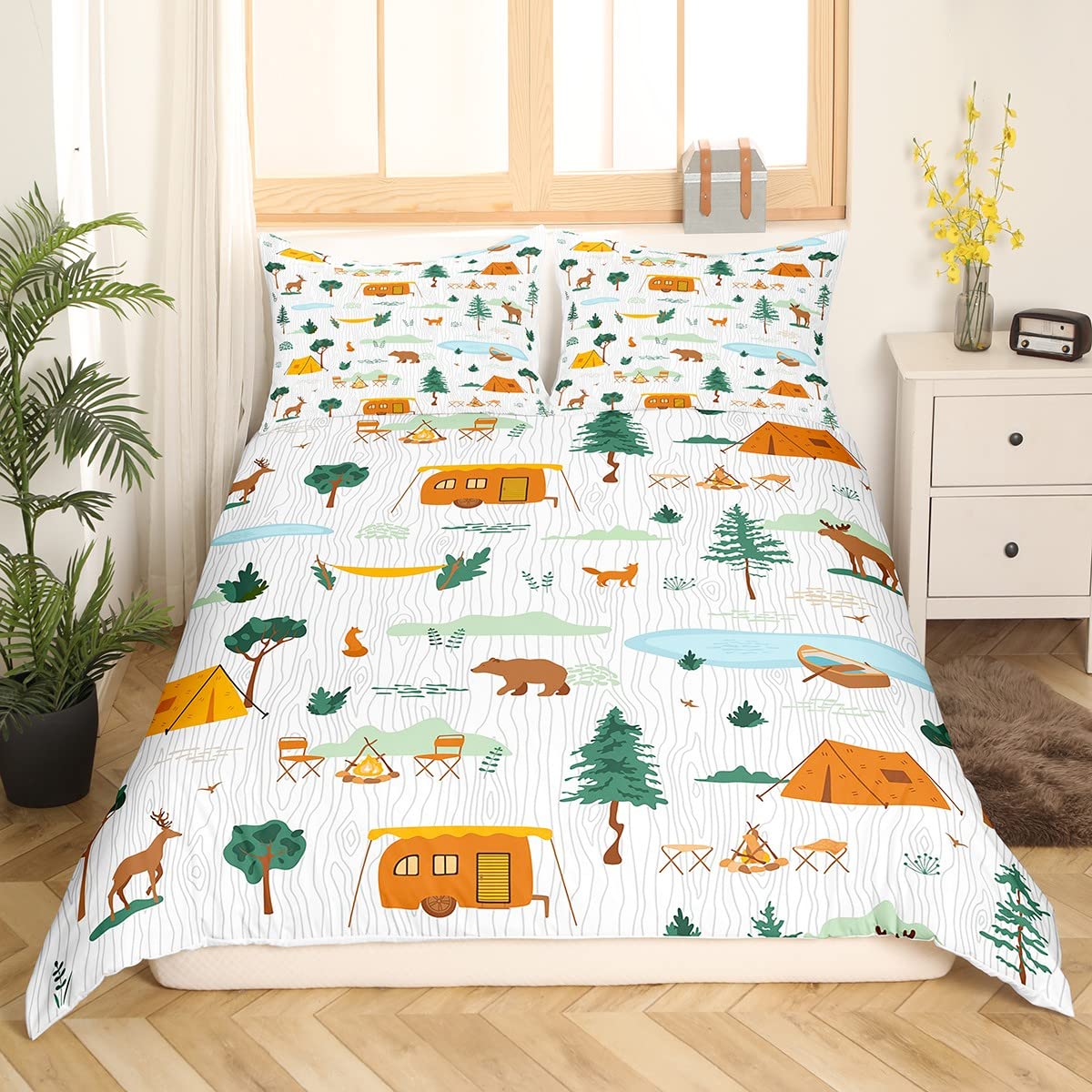 Kids Camping Themed Bedding King Size Rustic Duvet Cover, Happy Camping Comforter Cover Western Farmhouse Bedroom Decor Camper Bedding Cute Animal Fox Bear Deer Print Bedspread Cover 3 Pcs