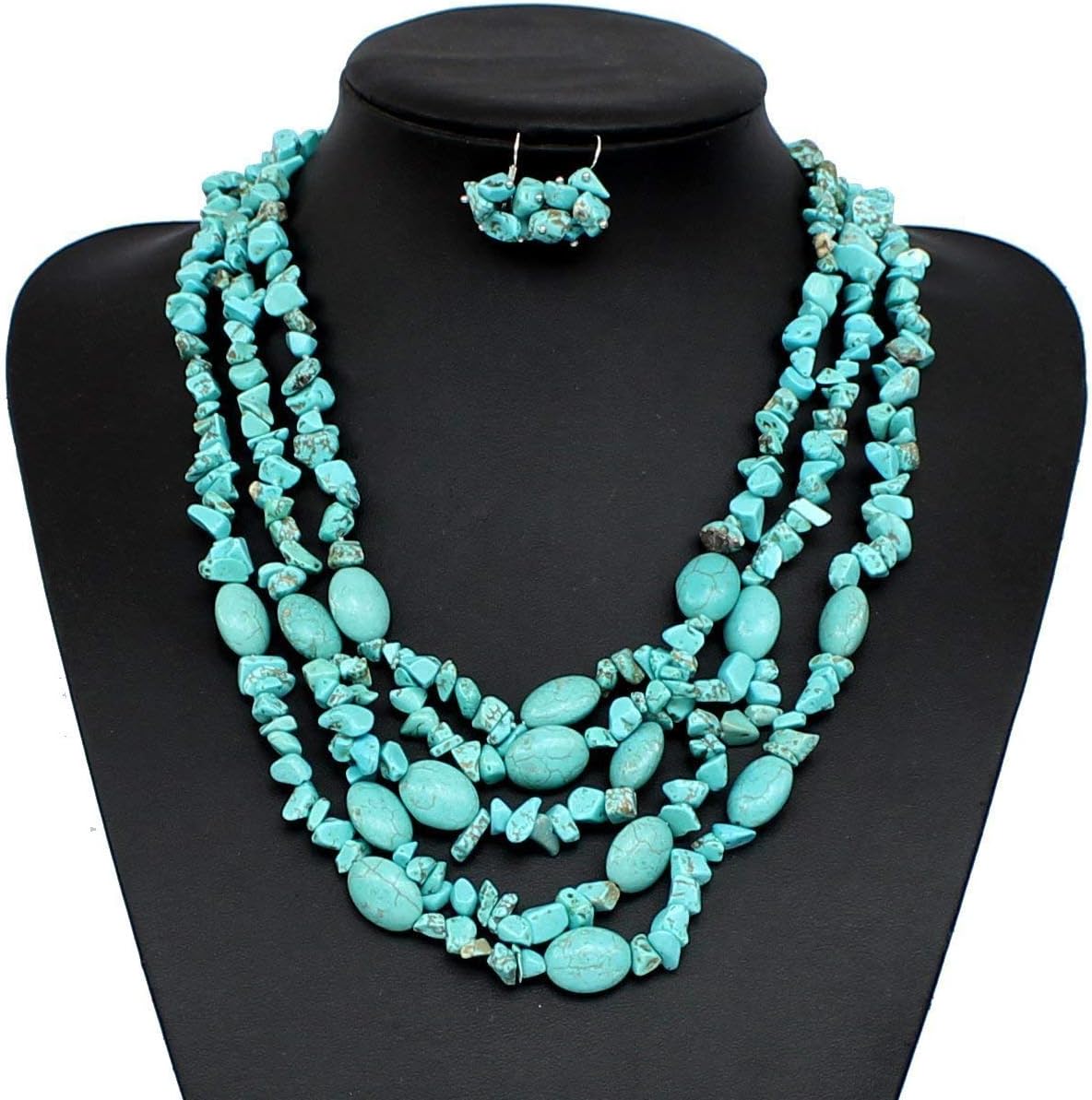5 Row Irregular Blue Turquoise Stone Beaded Necklace With Earrings Set Wedding Bridal Jewelry Turquoise Necklace Statement Necklace