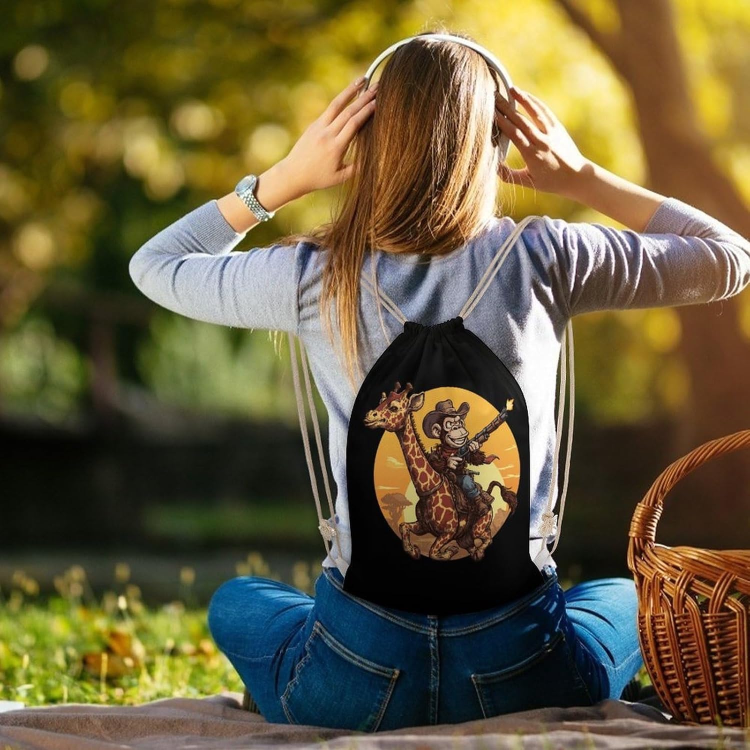 Funny Anime Monkey Giraffe Drawstring Backpack Sport Gym Bags 11x15 image 5