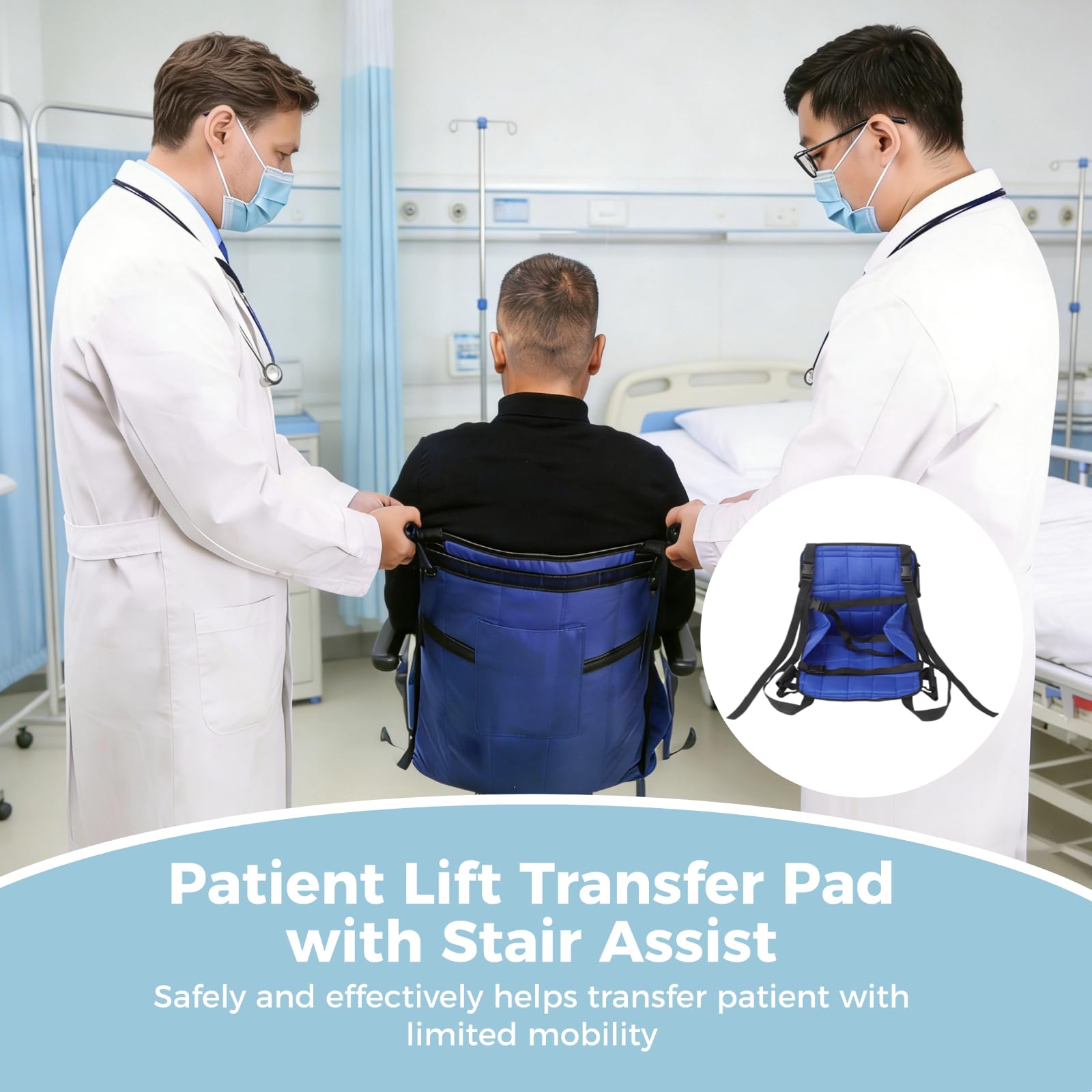 Almohadilla de transferencia de elevación de pacientes con asistencia de escalera, múltiples hebillas, piernas y correas reforzadas, soporte acolchado de tela Oxford para personas que necesitan ayuda