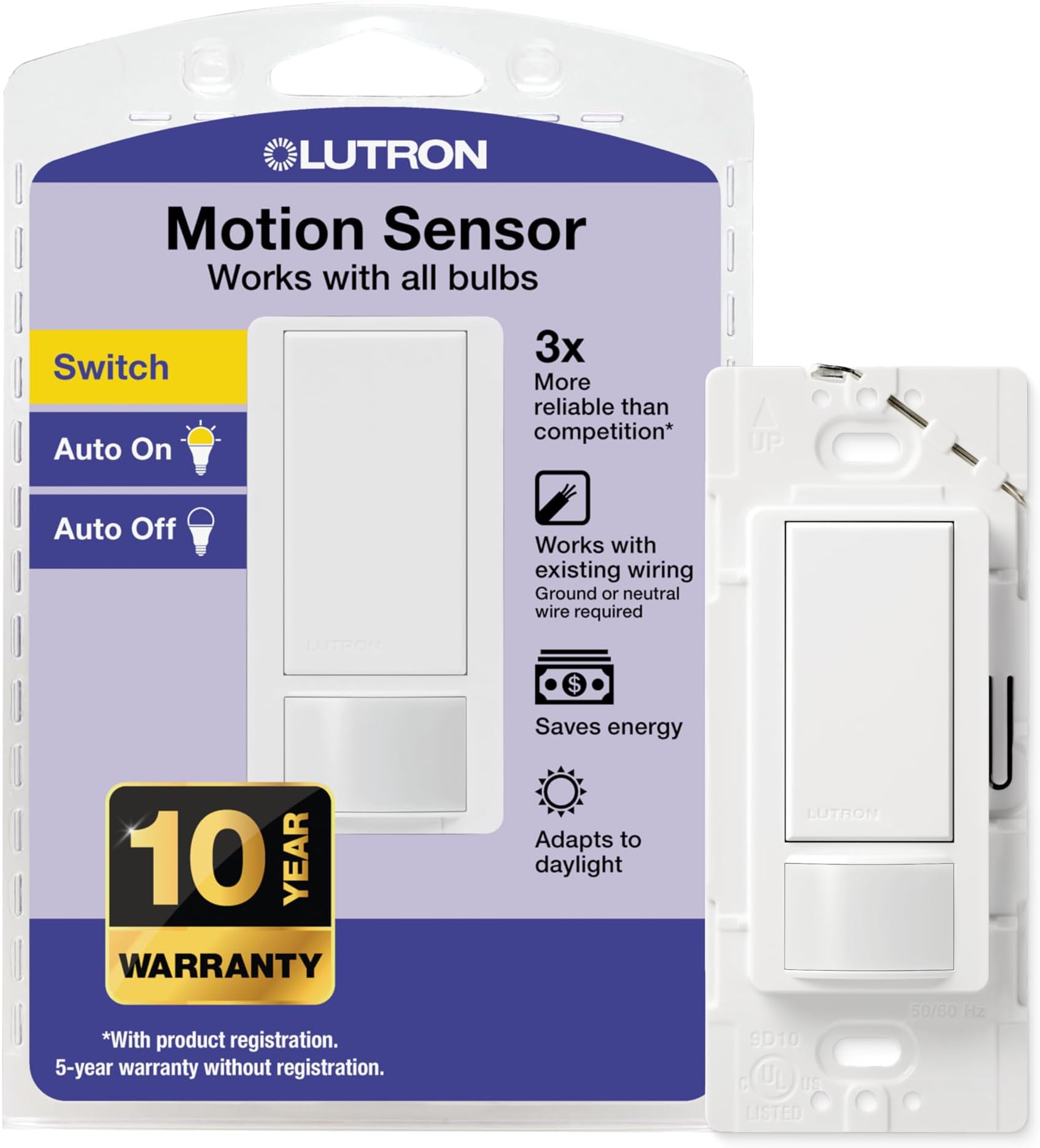 Lutron Maestro Motion Sensor Light Switch Indoor for Bathroom, Garage, Laundry Room, Any Bulbs, Occupancy Vacancy Sensor, Single-Pole, MS-OPS2-WH, White