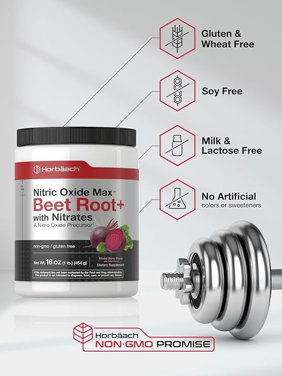 Horbaach Nitric Oxide Powder | 16 oz | Supplement for Men & Women | with Beet Root & Nitrates | Mixed Berry Flavor | Vegan, Non-GMO & Gluten Free | with Beet Root & Nitrates | Mixed Berry Flavor | Vegan, Non-GMO & Gluten Free