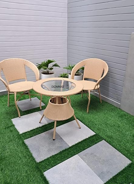 DIZAINAS Patio Seating Chair with Glass Table Set | Balcony Chair Set | Garden Coffee Table Set Rattan & Wicker Chair Bistro Chair Set 1 Table and 2 Chairs Set (Beige)