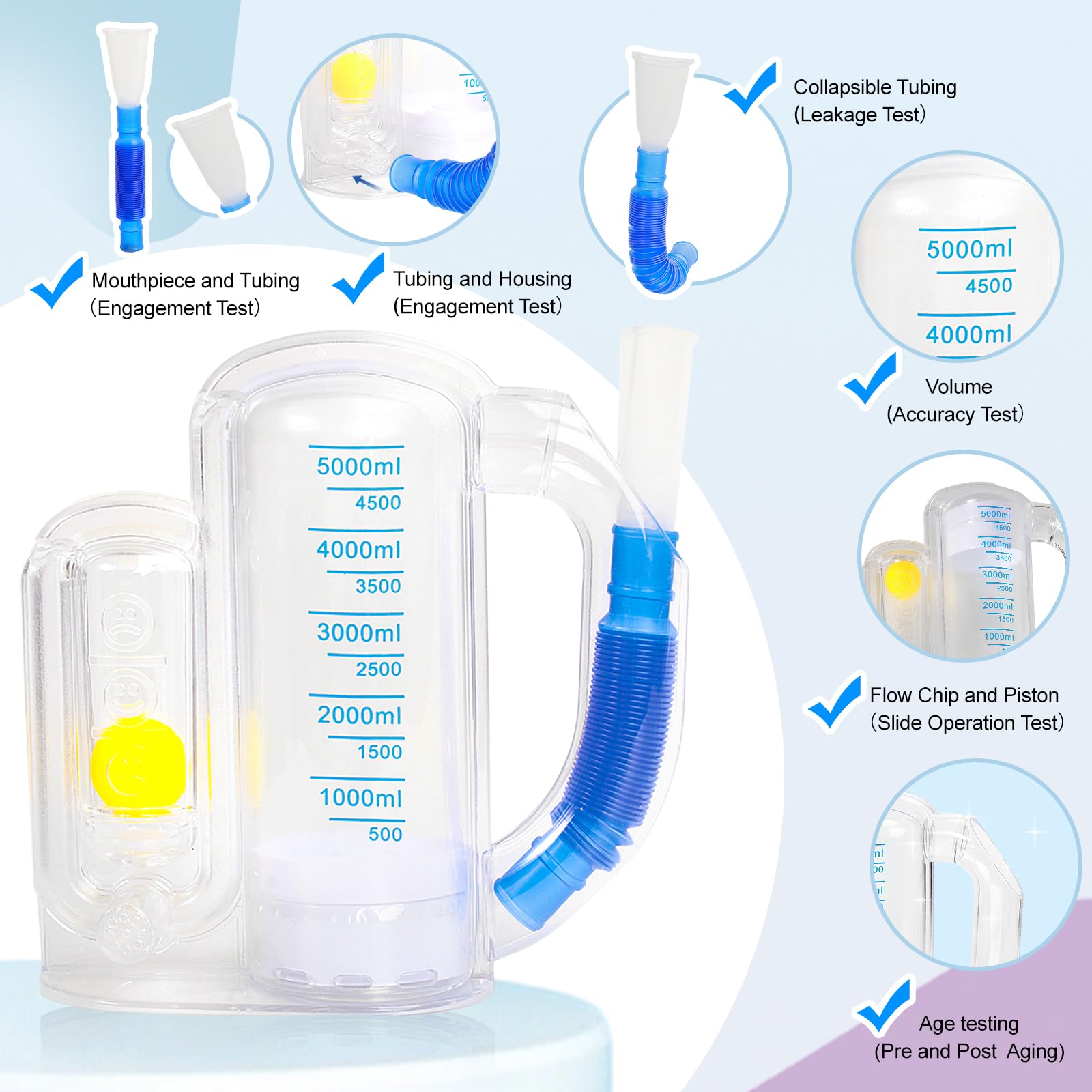 Spiromètre d'incitation pour adultes - Appareil d'exercice respiratoire pour les poumons - Entraîneur de respiration profonde pour enfants et adultes - Capacité de 5000 ml avec indicateur de débit