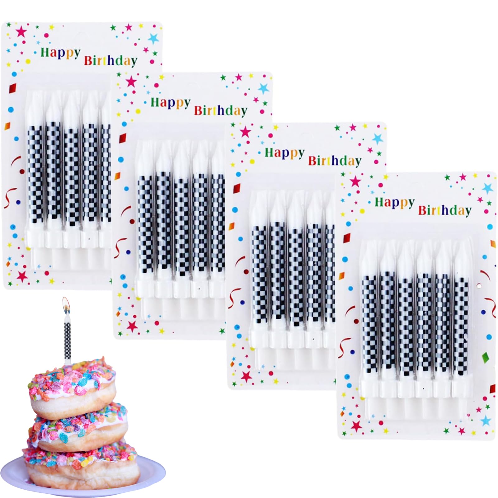 24 Pcs Sparklers Candles for Cakes, Themed Cake Sparklers Checkerd Flag Birthday Candles White Birthday Cake Decorations for Party