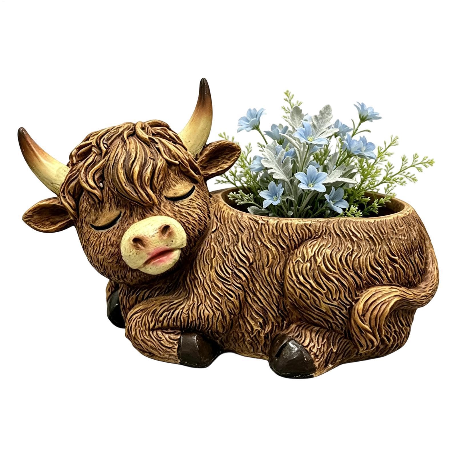 Scottish Highland Cow Flower Pot, Resin Garden Planter Statue