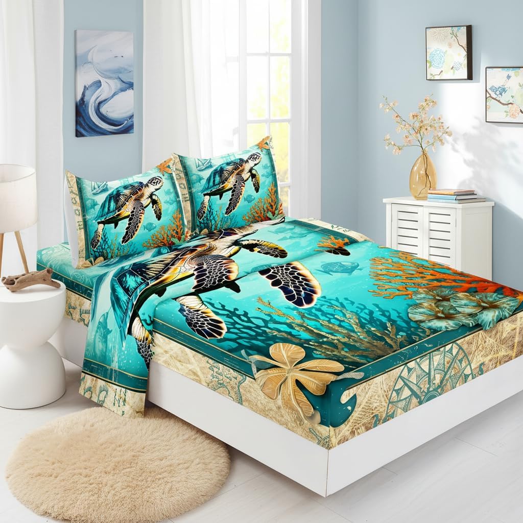 AILONEN Sea Turtle Fitted Sheet Set King Size, Ocean Voyage Nautical Bedding Set for Kids Teens Boys Girls,Turtle Coral Bed Sheet for Room Decor,4Pcs,1 Flat Sheet + 1 Fitted Sheet + 2 Pillowcases