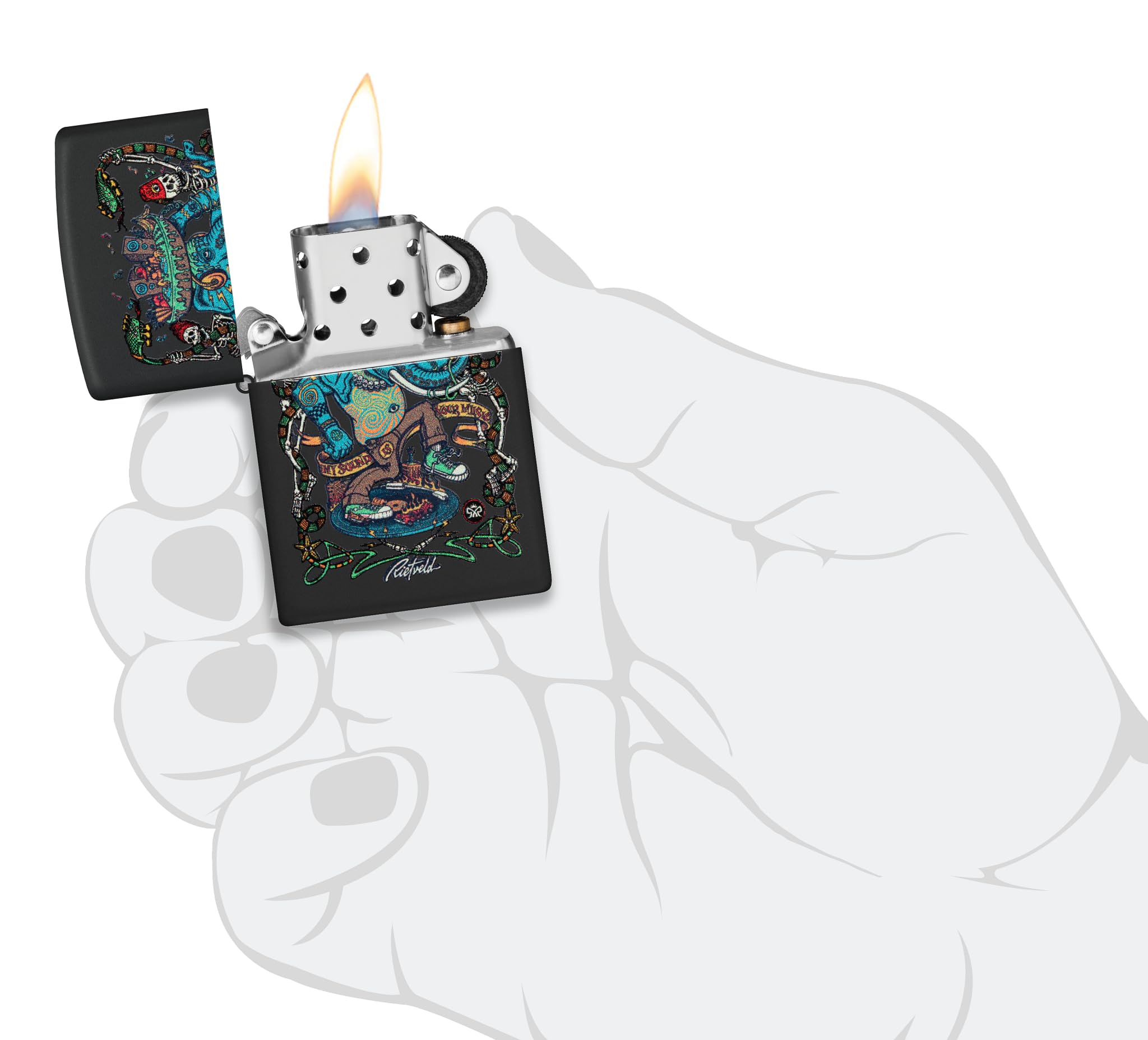 Zippo Rick Rietveld Zapalniczka Sztormowa, Nadruk Uv, do Napełniania, Wielokrotnego Użytku, Wiatroodporna Konstrukcja, Pudełko na Prezent, Wykonano w USA, Kolor Czarny Matowy