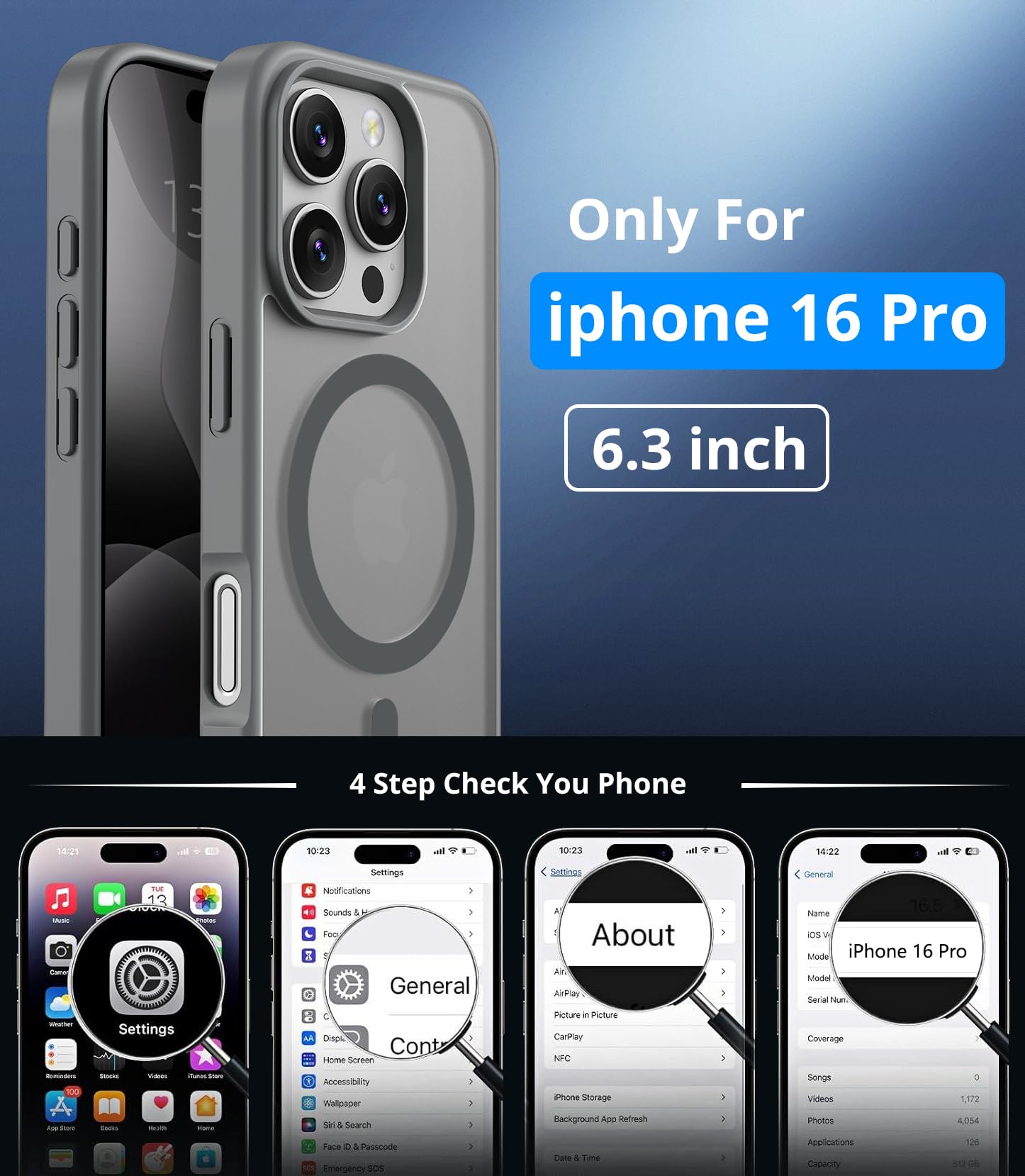 Vansdon Cover Magnetica per iPhone 16 Pro con 1 Pezzi Vetro Temperato, Compatibile con Magsafe, Protezione anticaduta di livello militare, Custodia Traslucida Opaca Sottile Antiurto-Grigio titanio