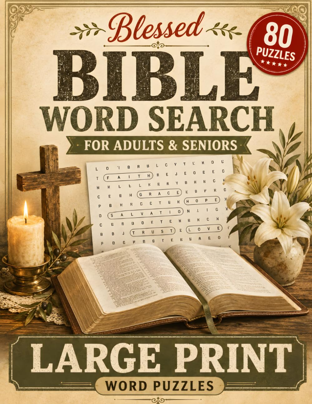 Bible Word Search: 80 Large Print Word Search Puzzles for Adults & Seniors - Scripture, Faith and Inspiration with Solutions