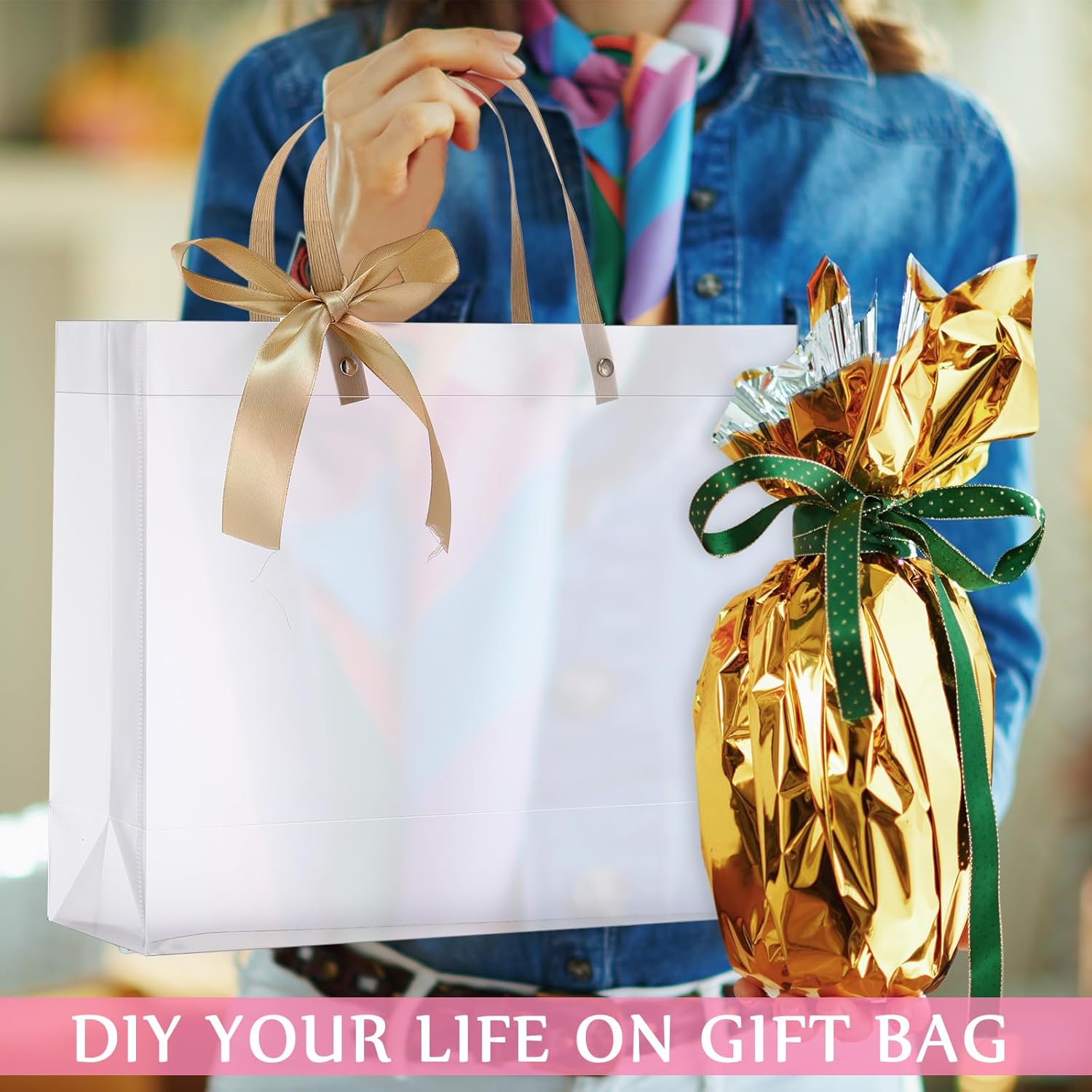 Paterr 20 Pcs Large Clear Gift Bags with Handles 11.8 x 9.8 x 4 Inch Transparent Plastic Party Favor Bags Reusable Frosted Tote Gift Wrap Bulk for Shopping Boutique Wedding Birthday Christmas - Image 3