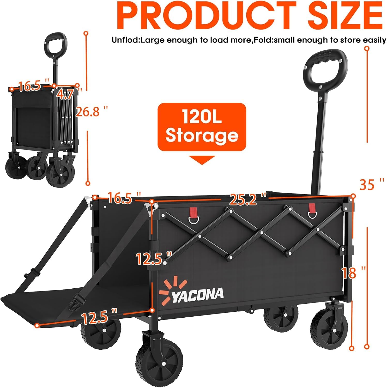 Bollerwagen Faltbar 360lbs Schwerlast, Bollerwagen Mit Rädern Und Heckklappe, Faltbare Handwagen Für Einkäufe, Camping, Strand, Garten (Black)