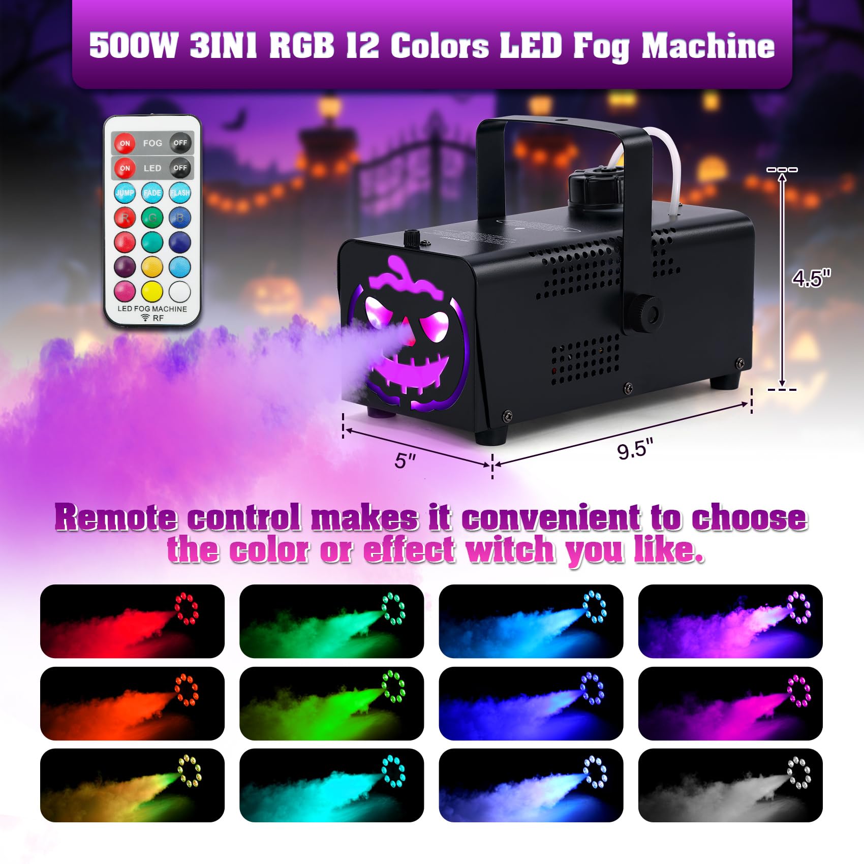 Máquina de niebla de 500 W con 9 luces LED, nebulizador con efecto de 12 luces de color para Halloween, boda, fiesta de DJ, escenario, máquina de humo portátil para exteriores con control