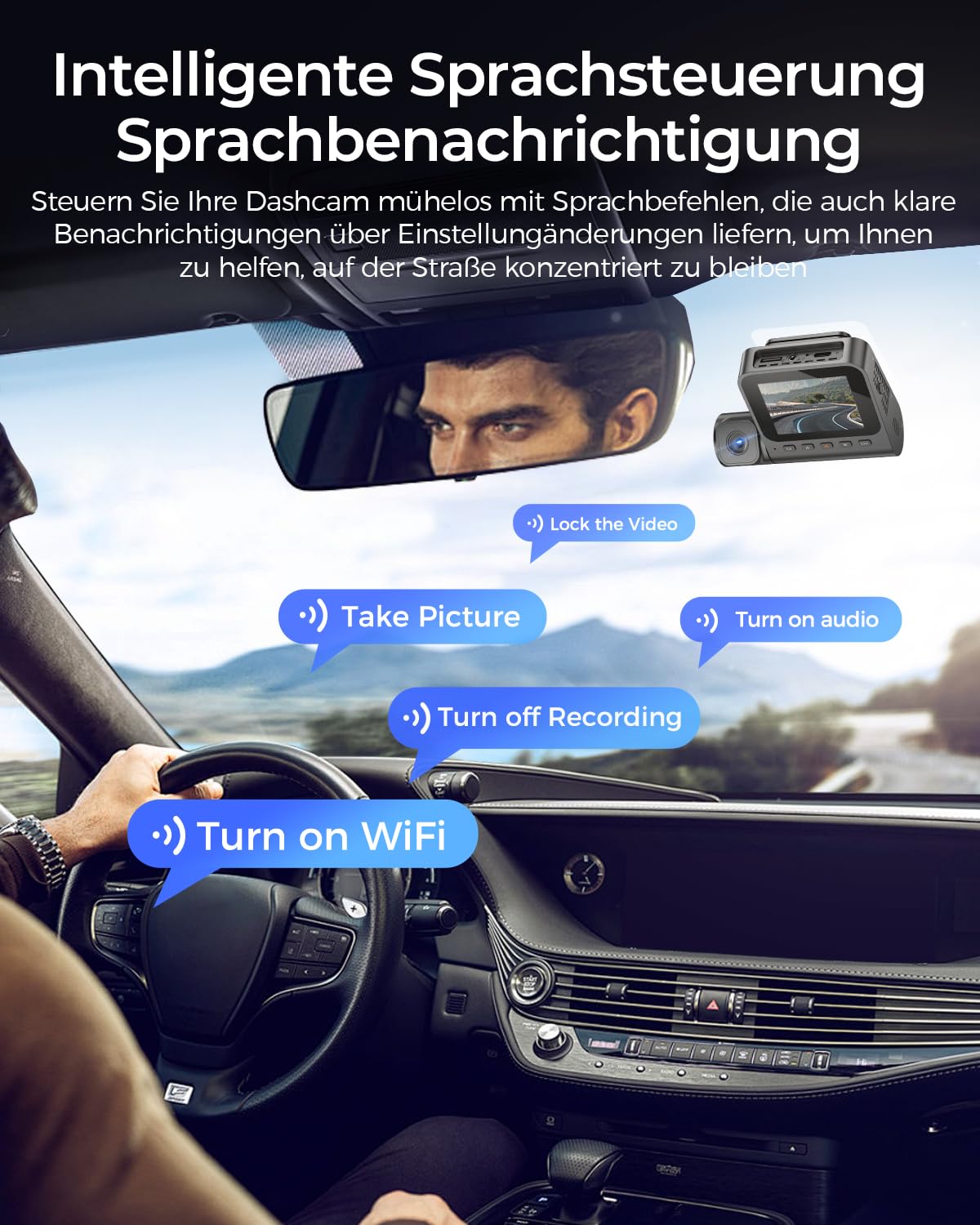 Dash Cam Auto 4K+1080P+1080P 3 Canali Dash Cam Anteriore Posteriore Interno con Scheda SD da 64GB,WiFi GPS Videocamera Auto con Visione Notturna IR,Comando Vocale,Monitoraggio Parcheggio