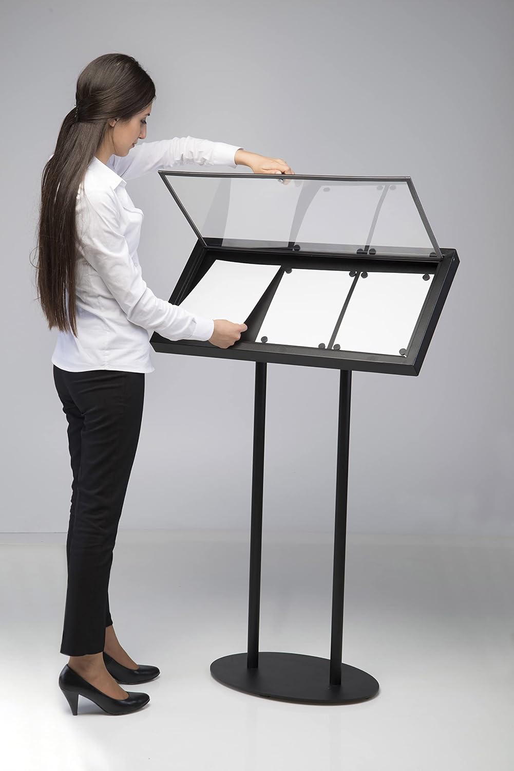 M&T Displays Metal Enclosed Bulletin Menu Board Black with Gray Pattern 3x(8.5x11) Inches Menu Holder Floor Standing Pedestal Advertising Display with Cover