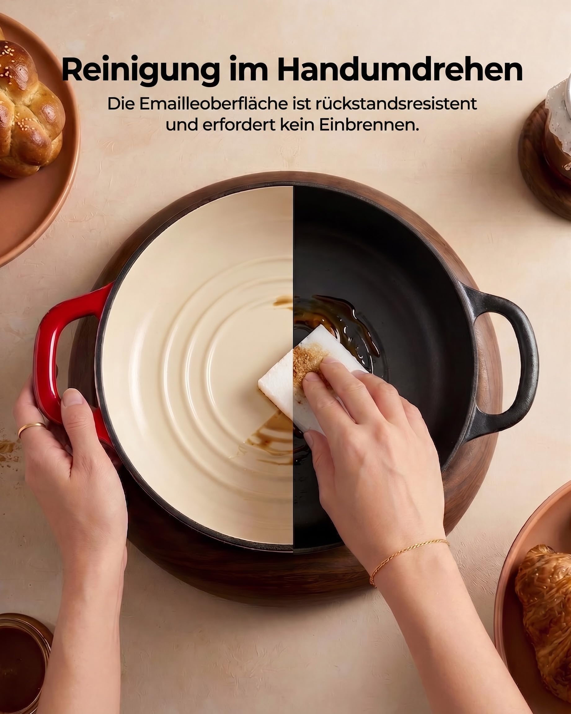 Gusseisen Topf Brot Backen, 4,7L Bräter Emaille Schmortopf mit Deckel und Griffen, 24 cm Dutch Oven, Brotbacktopf für Selbstgemachte, Geshenke für Sauerteigbäcker, Rot