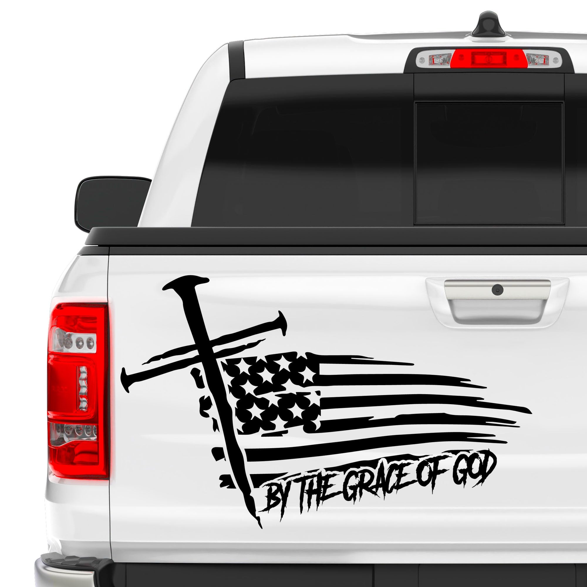20" by The Grace of God Christian Cross & Distressed American Flag Truck Car Vinyl Decal Sticker (Black)