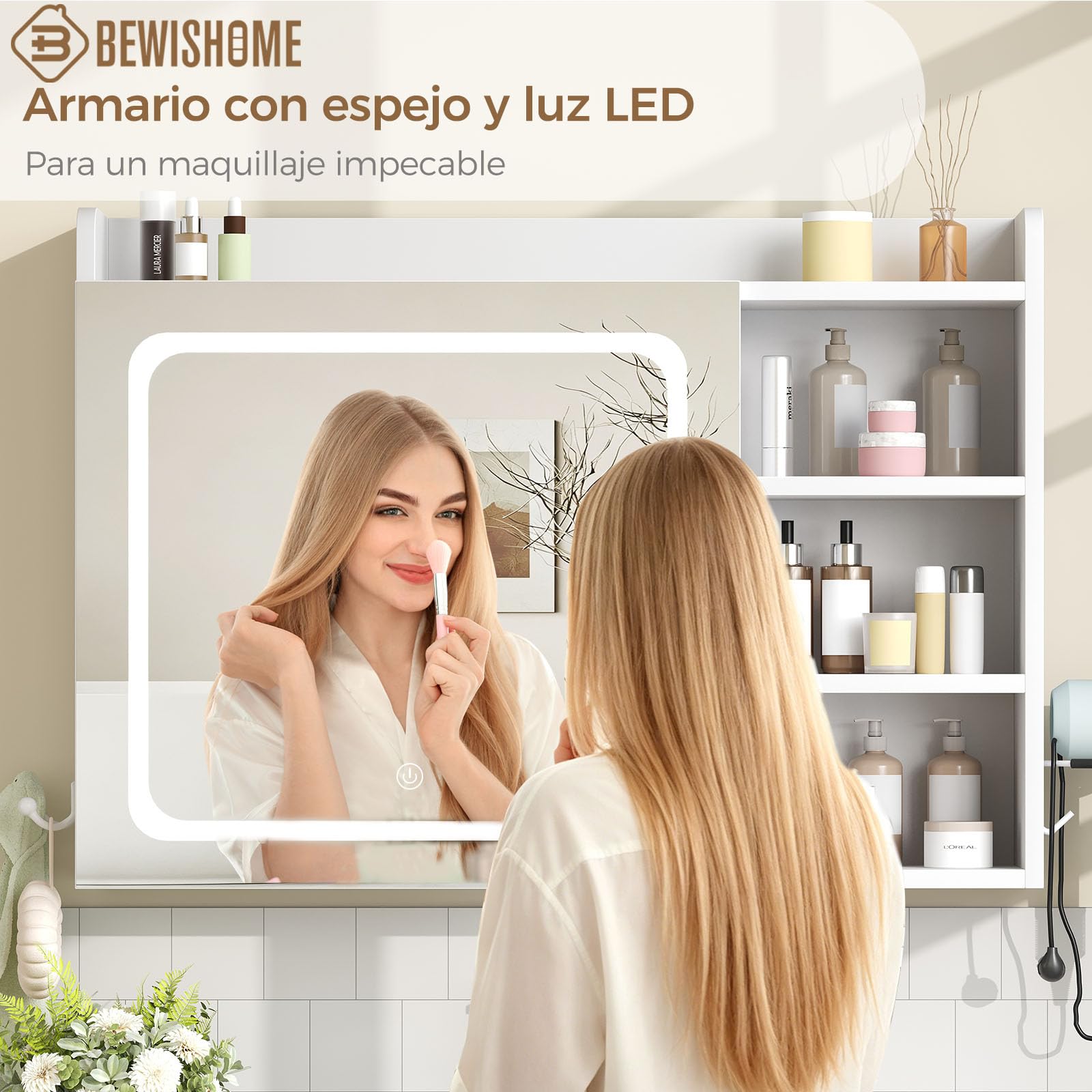 BEWISHOME Armario Espejo de Baño con Luz LED 3 Tonos Regulables | Mueble Espejo de Pared con Estantes Ajustables,Soporte y Ganchos para Secador de Pelo,Blanco 17.5 x 80 x 60 cm EYJG01W