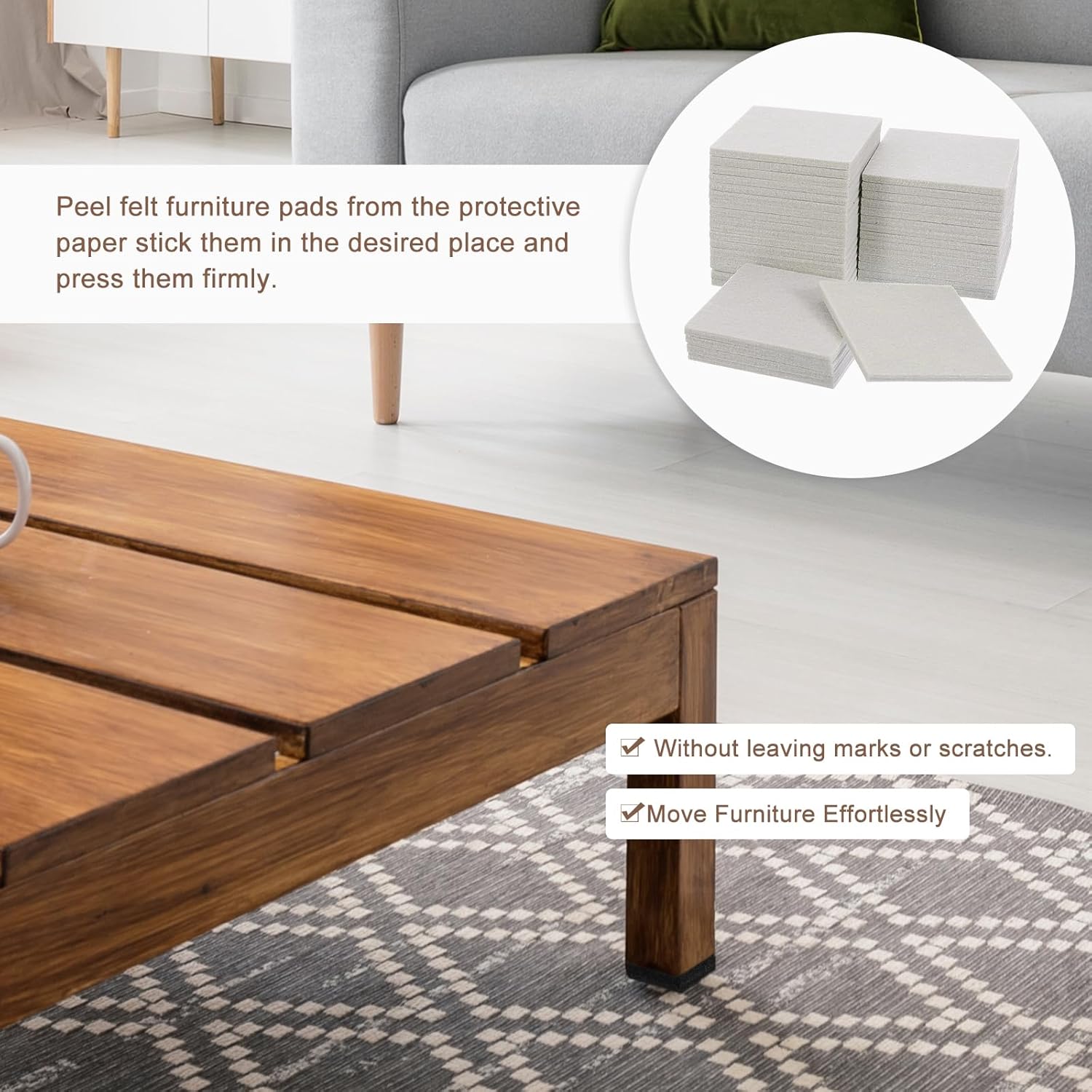 uxcell Furniture Pads,36Pcs 3.5"- Square Self Adhesive Felt Furniture Pads, Floor Protectors for Furniture Feet Chairs Legs Hardwood Floors (Beige)