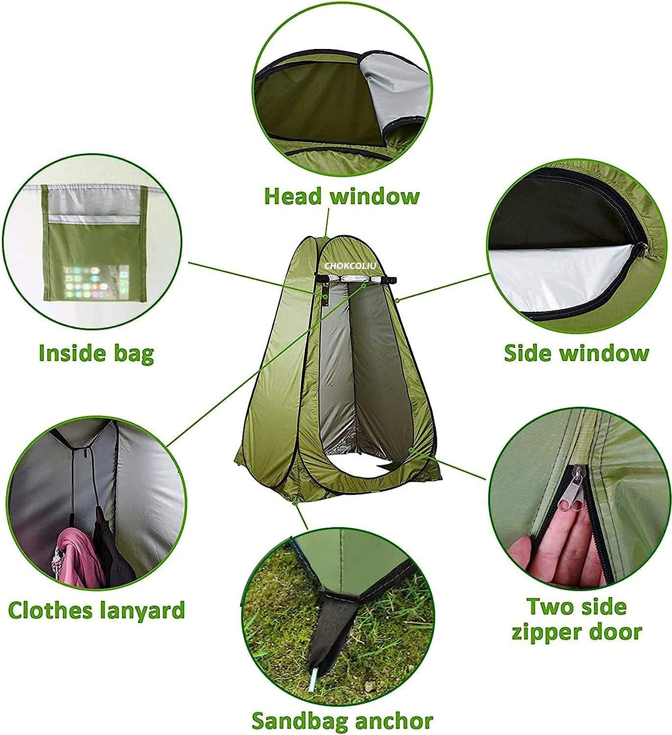 Pop-Up-Duschzelt & 20-Liter-Solar-Duschtasche-Kombination – wasserdichter Camping-Sichtschutz mit tragbarem, beheiztem Wasserspeicher für Outdoor-Baden, Strand, Wandern (grün, 120 x 120 x 190 cm)