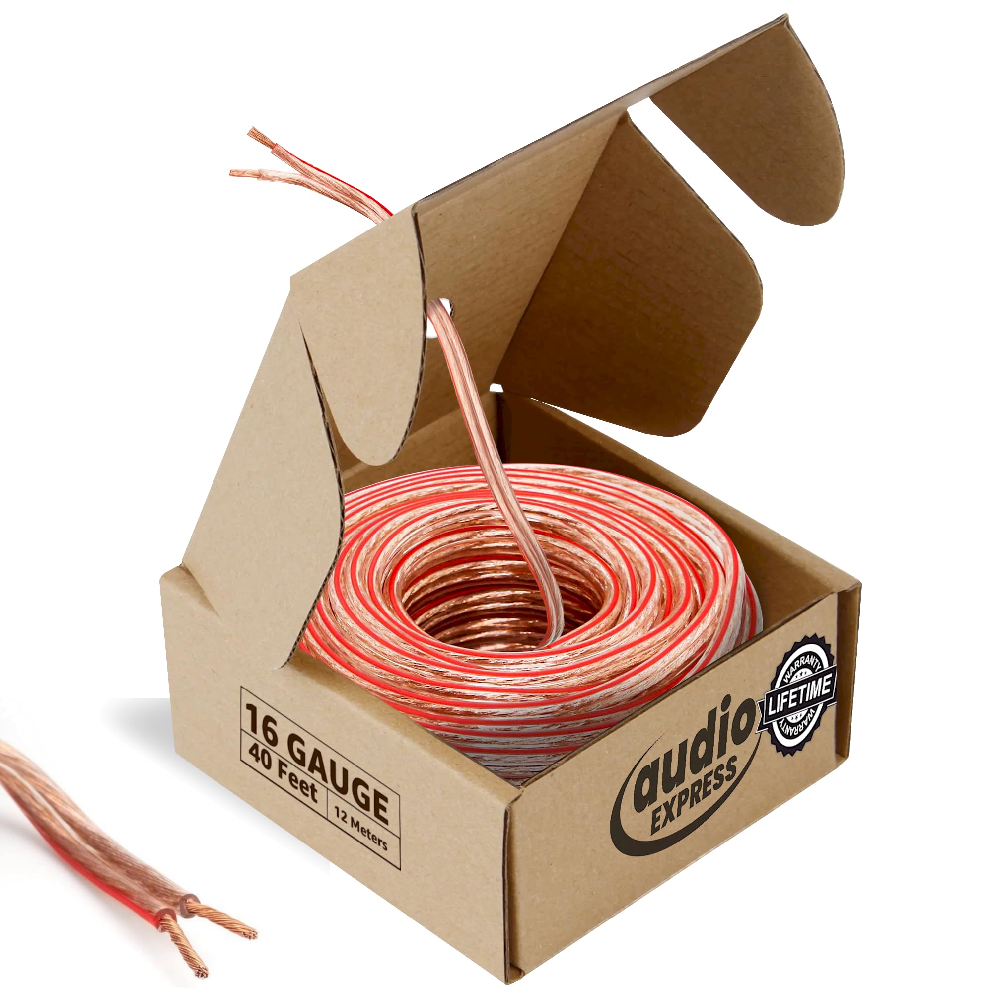 Audio Express 40ft 16-Gauge Stereo Speaker Wire, 12.19m, 2 Conductor, Polarity Marked, Clear PVC, CCA, Coil in Box, HiFi, Home Theater, HiFi, Surround