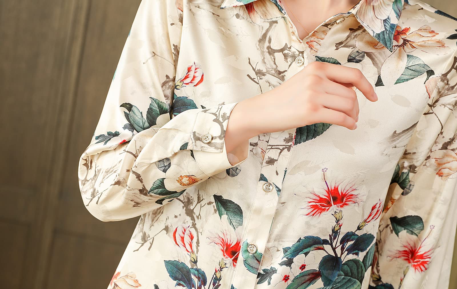 Valin Blusa de seda para mujer con estampado de botones camisas de mujer blusa de manga larga solapa blusa de seda,S6616