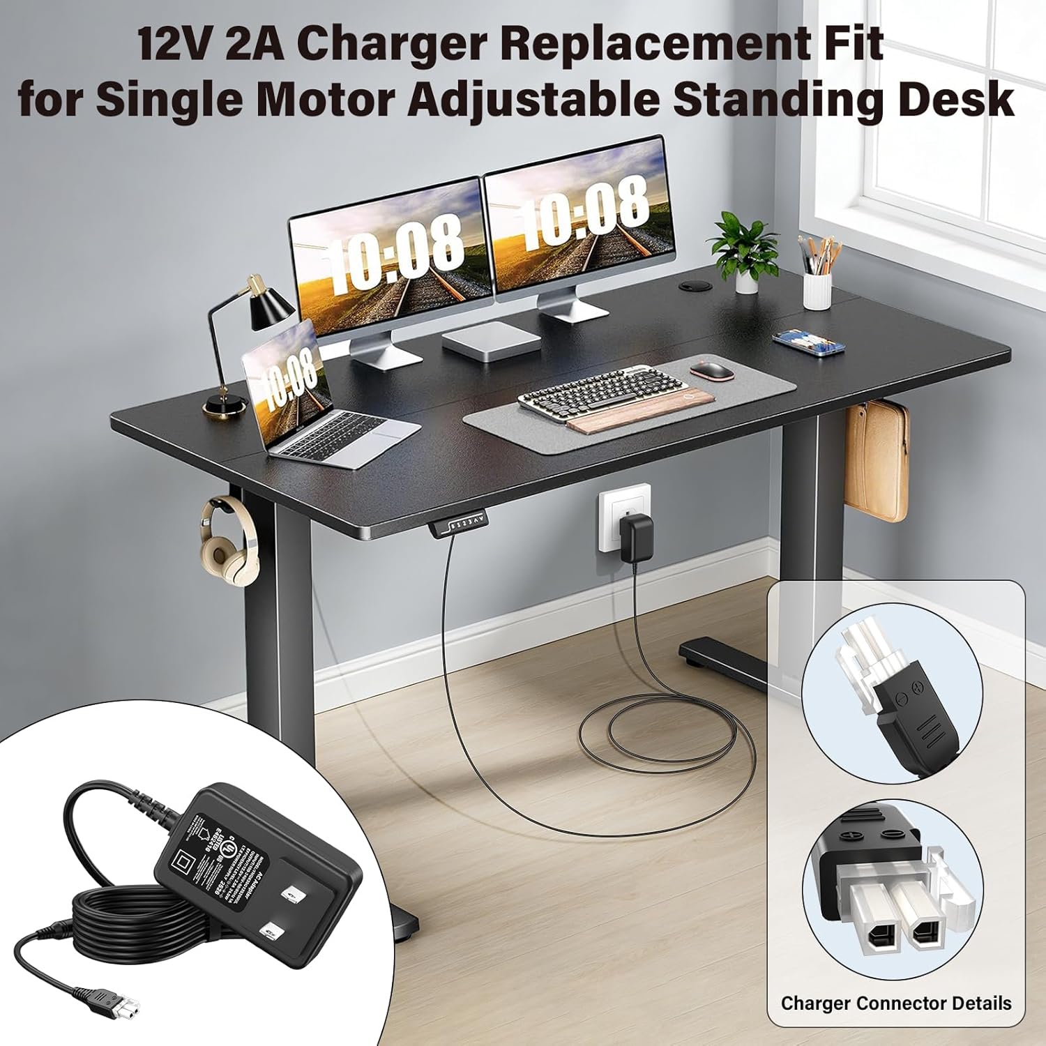 12V 24W Charger Replacement Compatible with Single Motor Standing Desk, Power Cord AC Adapter Fit for Adjustable Desk Standing Desk Motor Power Supply Charging Cable Plug