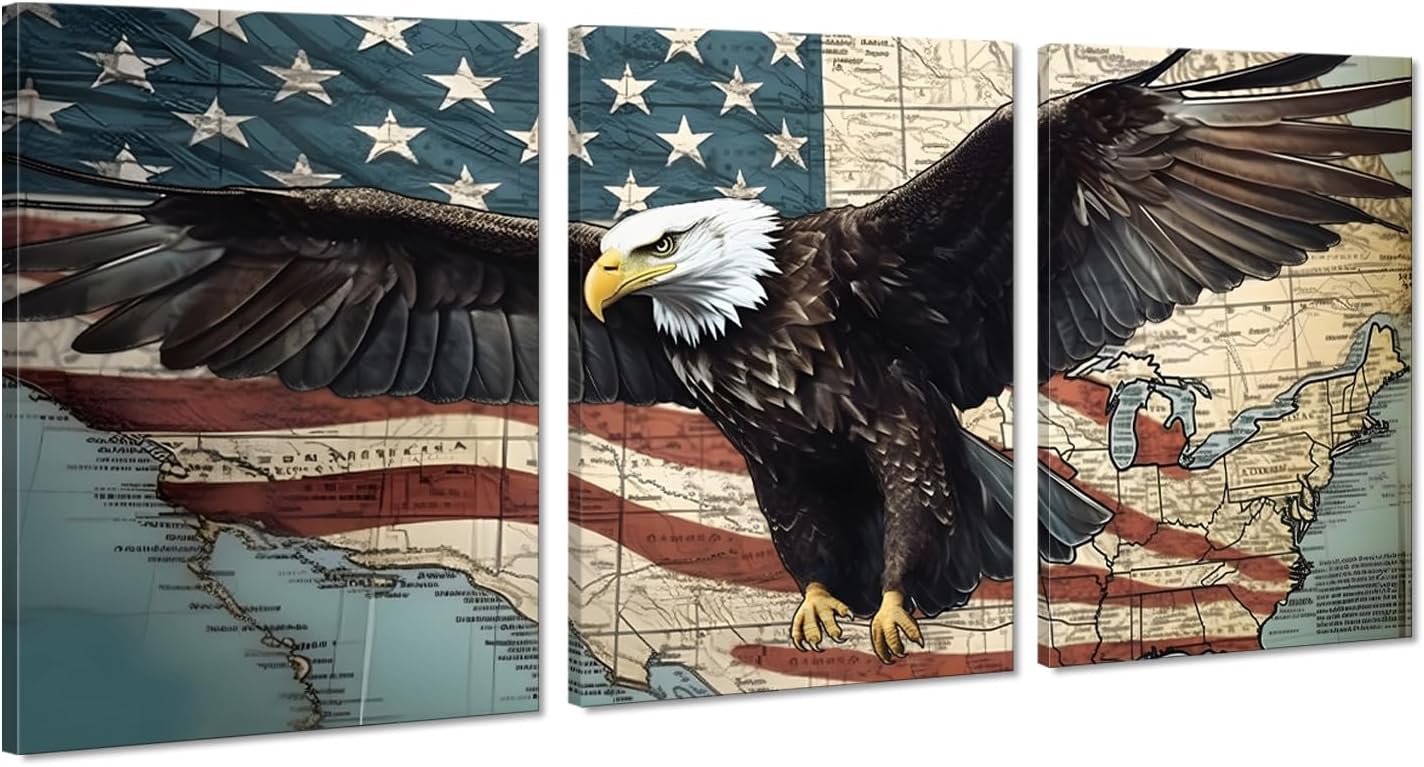Black and White Wall Art American Flag Artwork 3 Panels Patriotic Retro USA Flag Pictures Canvas Prints Art Living Room Home Office Decor Framed Ready to Hang -20"W x 28"H x 3pcs