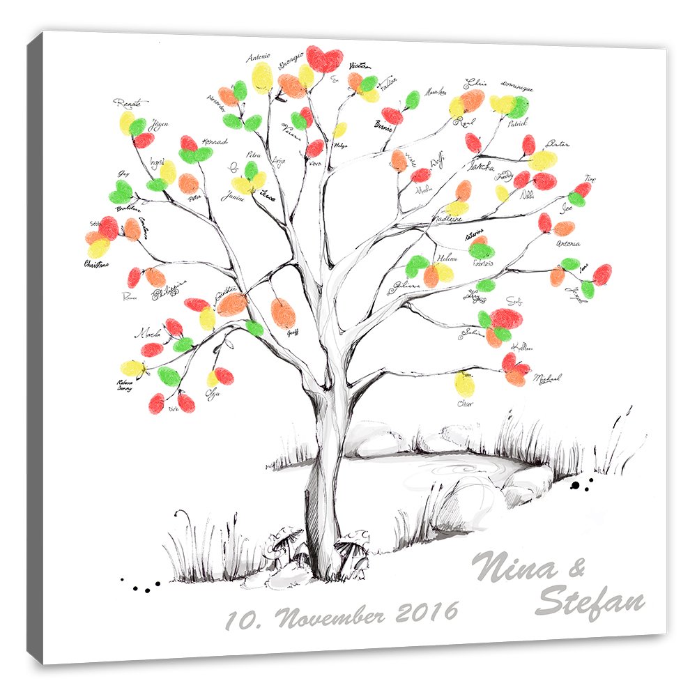Fingerabdruck Baum Leinwand 60x60 mit NAMEN & DATUM - INKL Zubehör-Set (Stempelkissen+Stift+Anleitung+Hochzeitsbuch+...) - Wedding Tree Zeichenstil grau - Fingerabdruck Baum Leinwand