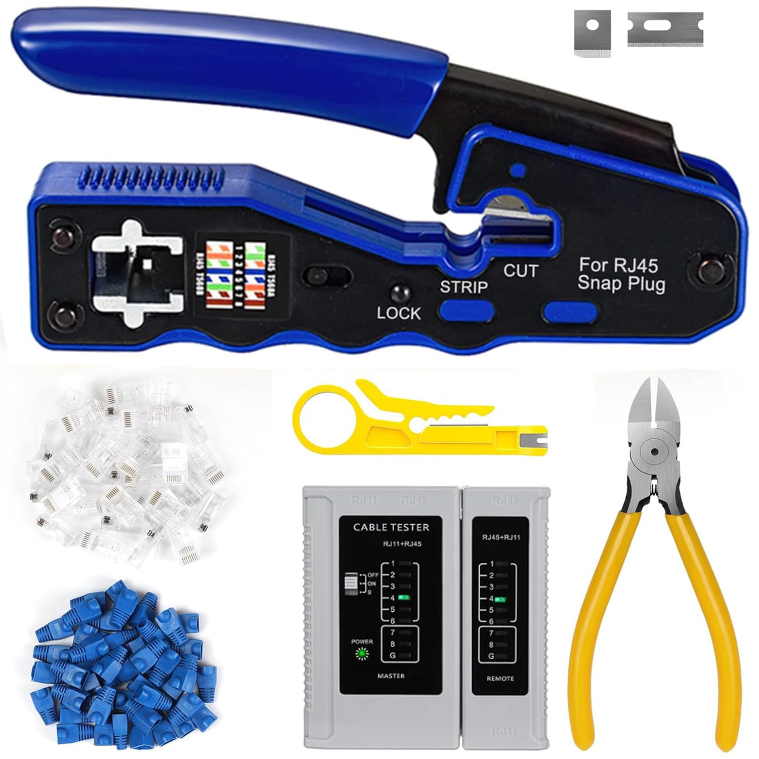 Greluma Kit de herramientas de crimpado RJ45 Pass Through y Cat6 Cat6A Cat5 Cat5e con 20 conectores de paso RJ45 Cat6, 20 cubiertas, 1 comprobador de cable de red, 1 pelacables, 1 cortador