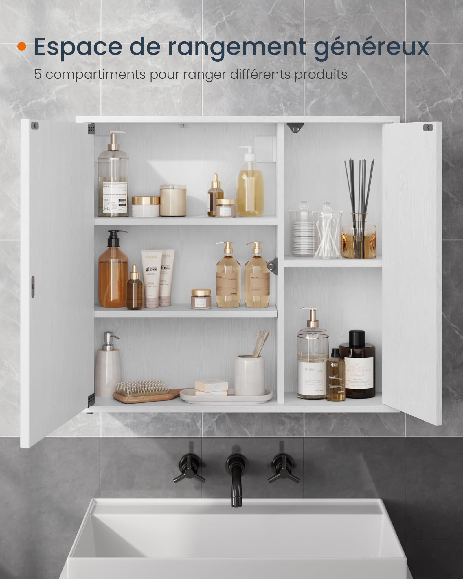 SONGMICS Home Armoire de Salle de Bain avec Miroir, Snapsemble Montage Super Rapide, Meuble de Rangement Mural, Étagères Réglables, Moderne, 15 x 60 x 55 cm, Blanc Neige BBC114WE01