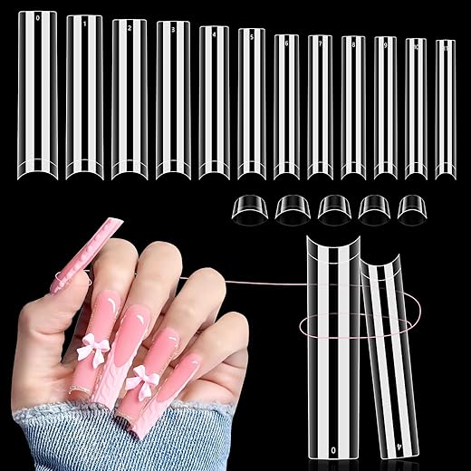 504 PCS No C Curve Clear Nail Tips for Acrylic Nails Professional, 3XL Extra Long, 12 Sizes Half Cover Straight Tapered Square French Fake Nail Tips for Nail Salons Home DIY