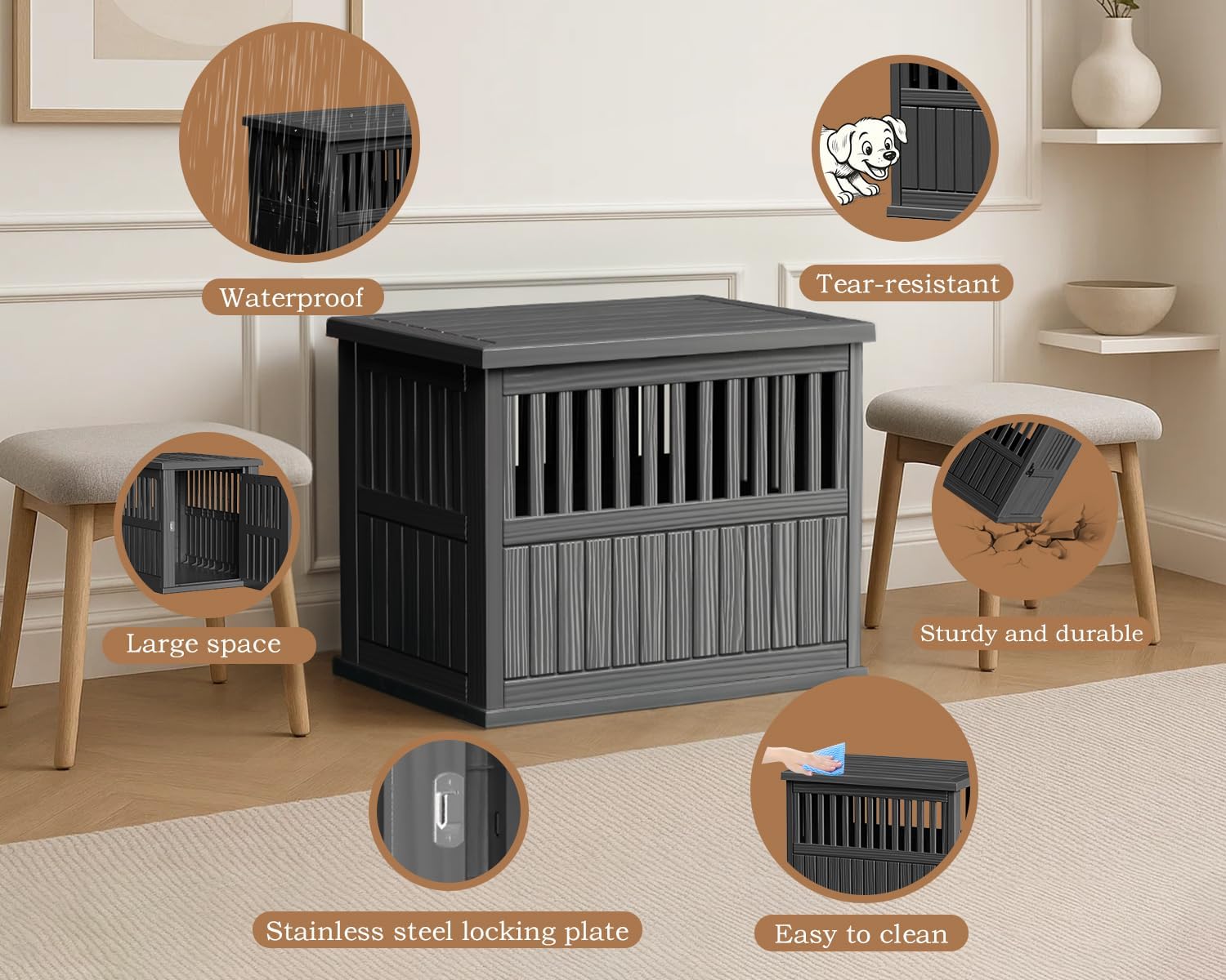 30 INCH Small Dog Crate Furniture Lockable Dog Kennel Indoor Dog Cage Plastic Pet Cage End Table for Small/Medium Dogs, Black