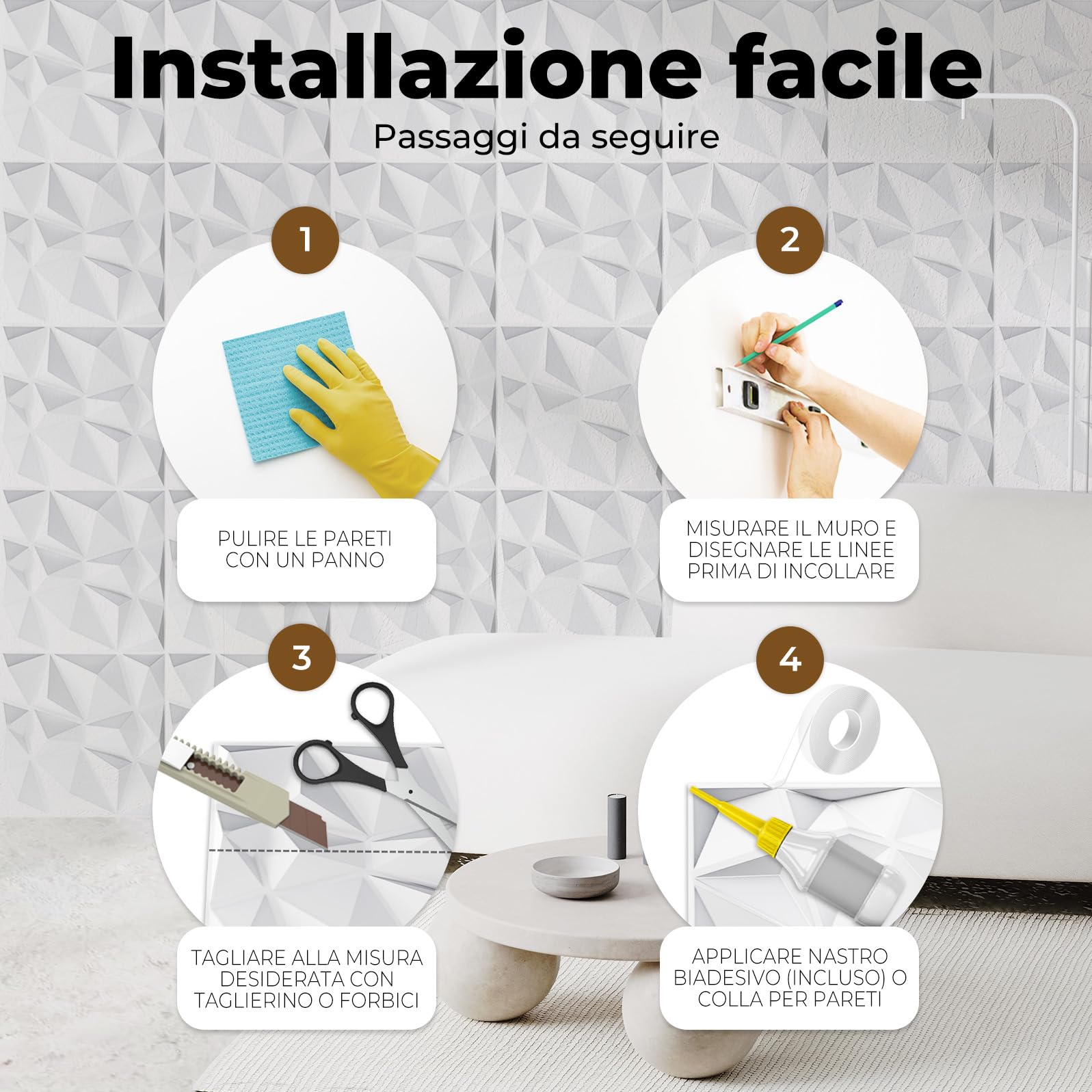 AMARA DECO - 30 unitá Pannelli Adesivi per Pareti Decorativi in PVC 3D 30x30cm + Nastro Biadesivo. Pannelli Decorativi per Pareti, Resistenti al Calore, Facili da Pulire e da Installare.