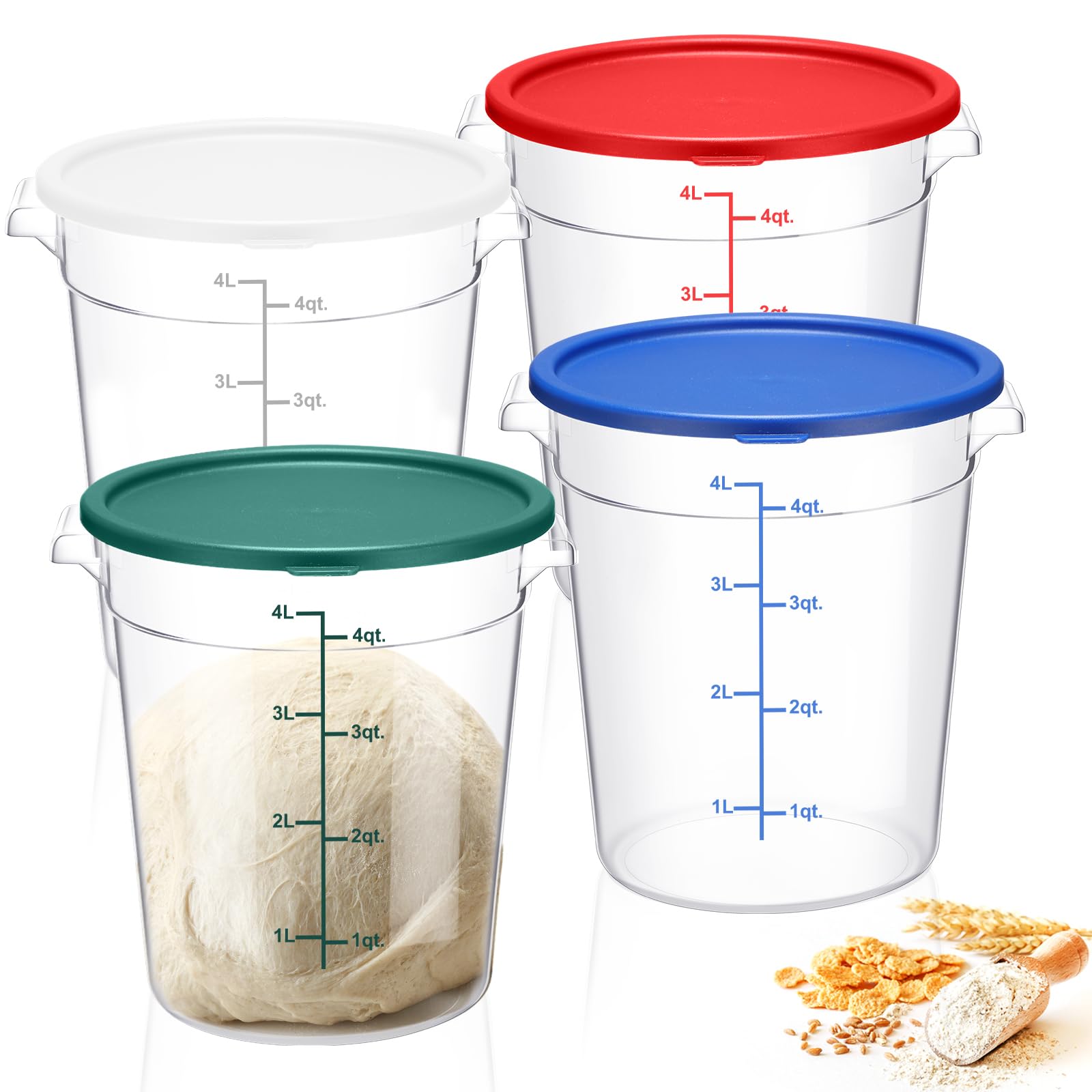 Suclain 4 recipientes de almacenamiento de alimentos de 4 cuartos con tapas, recipientes transparentes para masa de pan con mango de escala, cubo redondo de almacenamiento comercial de harina para el
