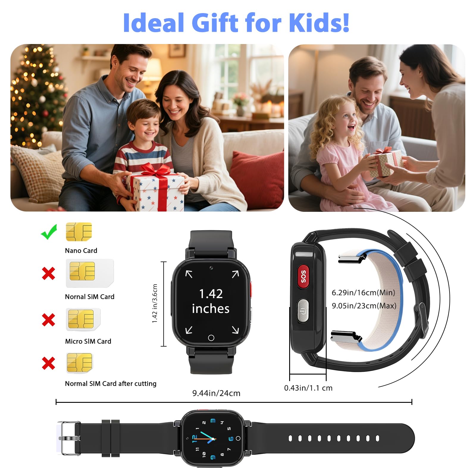 4G Smartwatch Kinder mit Videoanruf GPS SOS IP68 Wasserdicht Schulmodus Schrittzähler Kinderuhr Geschenk Jungen Mädchen 4-12 Jahren Schwarz
