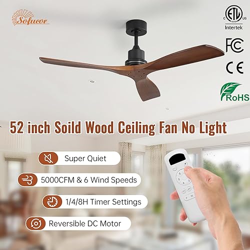 Miniatura 5 de Sofucor Ventilador de techo de 52 pulgadas sin luz, moderno ventilador de techo de madera maciza con control remoto, 5000 CFM de alto flujo de aire,