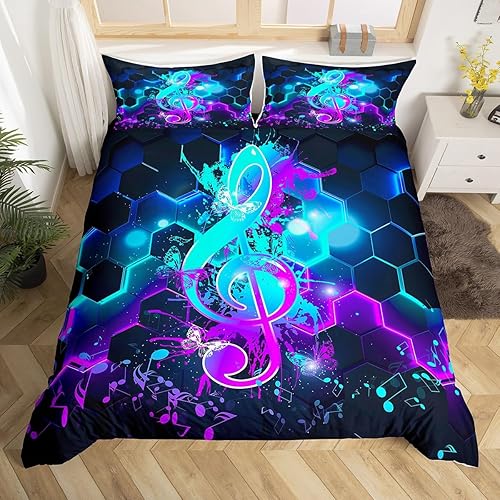 Miniatura 7 de Erosebridal Funda de edredón con auriculares giratorios, notas musicales, juego de ropa de cama con diseño geométrico de panal de abeja para niños y