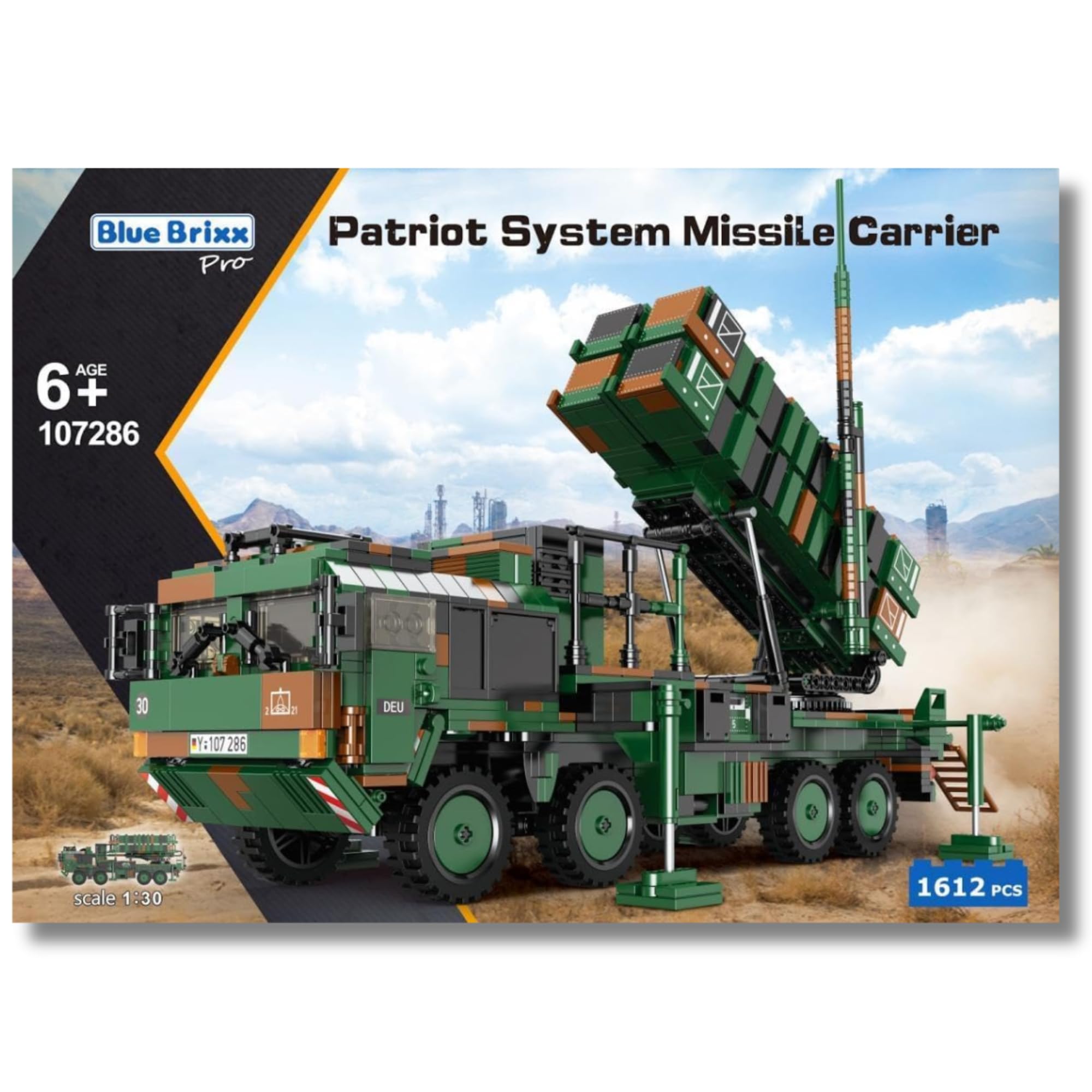 BlueBrixx Pro 107286 – Patriot System Raketenträger, Bundeswehr aus Klemmbausteinen mit 1612 Bauelementen
