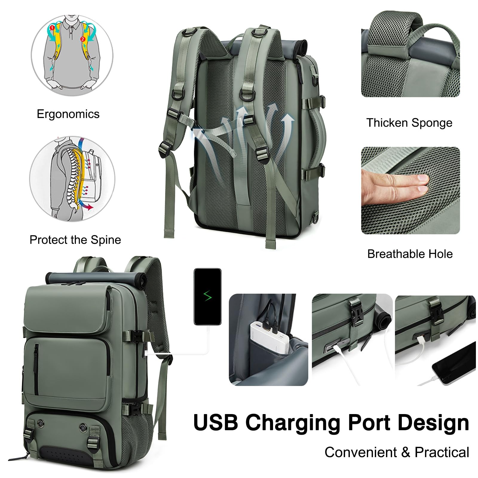 FANDARE Antivol Serviettes Sac à Dos Ordinateur Portable Femme Homme Sac à bandoulière Sac à Dos Rolltop Sac a Dos Voyage avec USB sac à main avec compartiment à chaussures Cartable