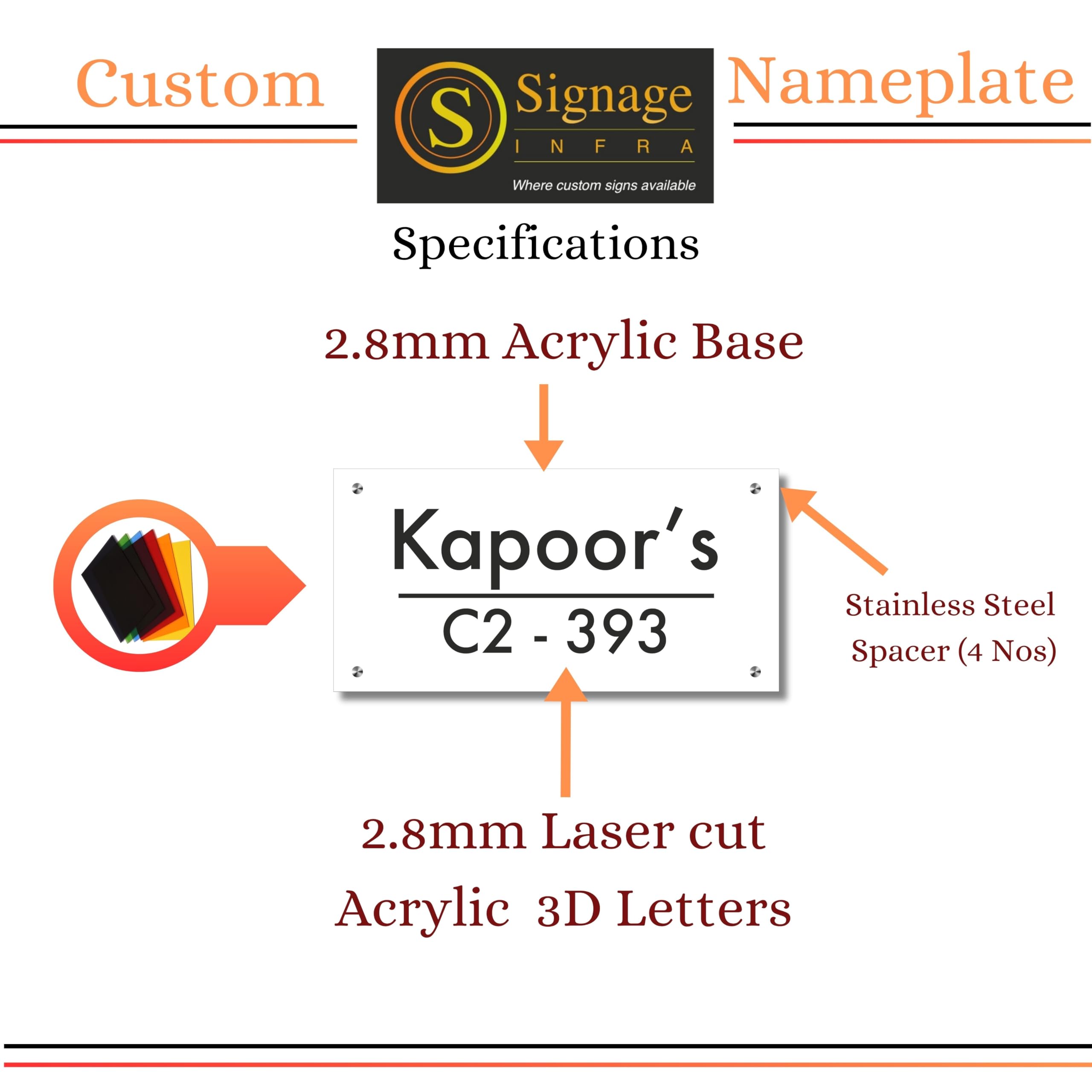 Signage Infra Customized Horizontal House Name - Number Sign Address Plaque, Door Signage for Home & Outdoor Entrance (Size-12" x 6"), Sign with Stainless Steel Screws, Acrylic Sheet base with Acrylic Laser 3D Letters,Elegant Nameplate, White & Black (Style-1) 1