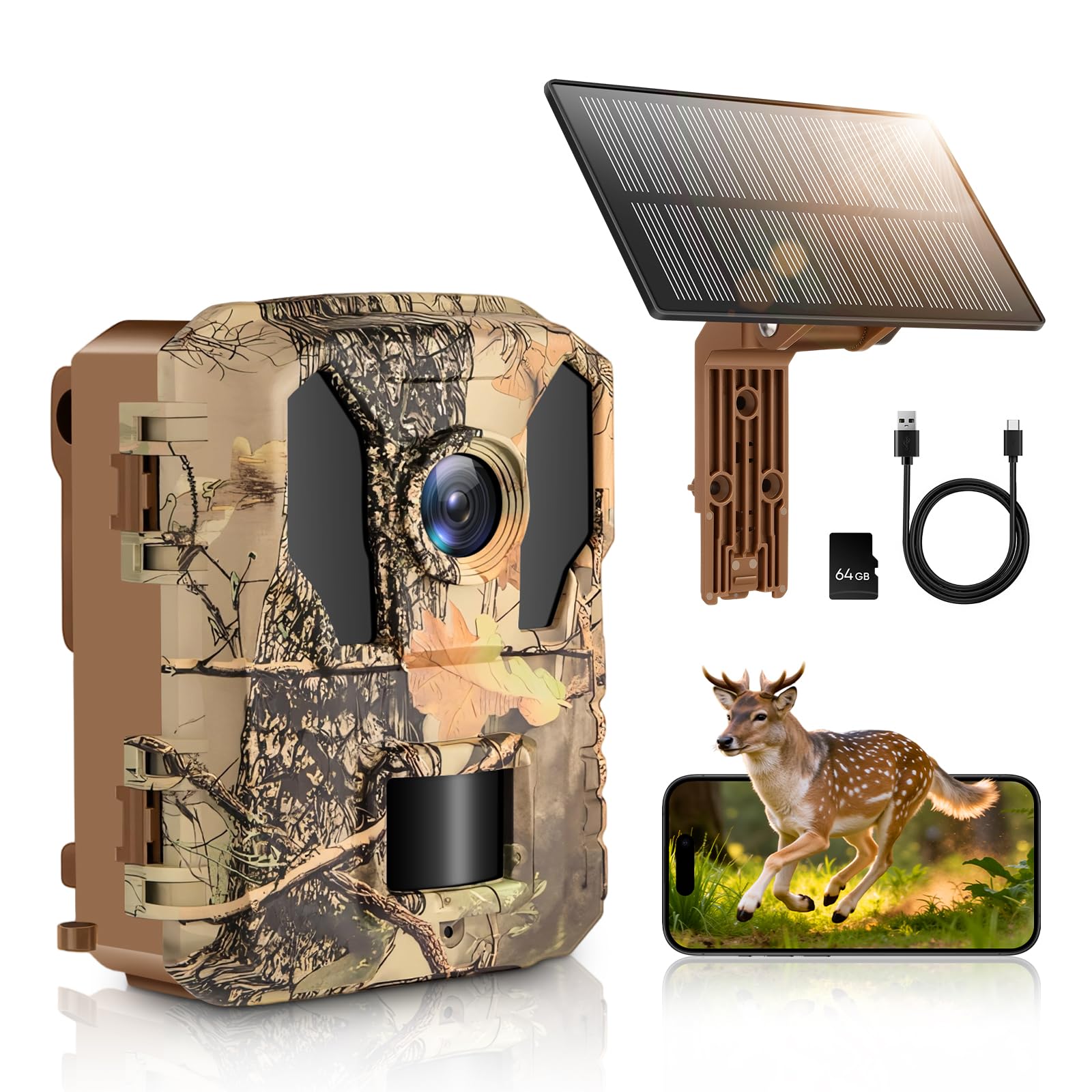 MYPIN Cámara de Caza 4K 64MP Solar con WiFi, Visión Nocturna, Batería 5000mAh Incorporada, IP66 Resistente al Agua, Activación por Movimiento, Incluye Tarjeta de Memoria de 64GB