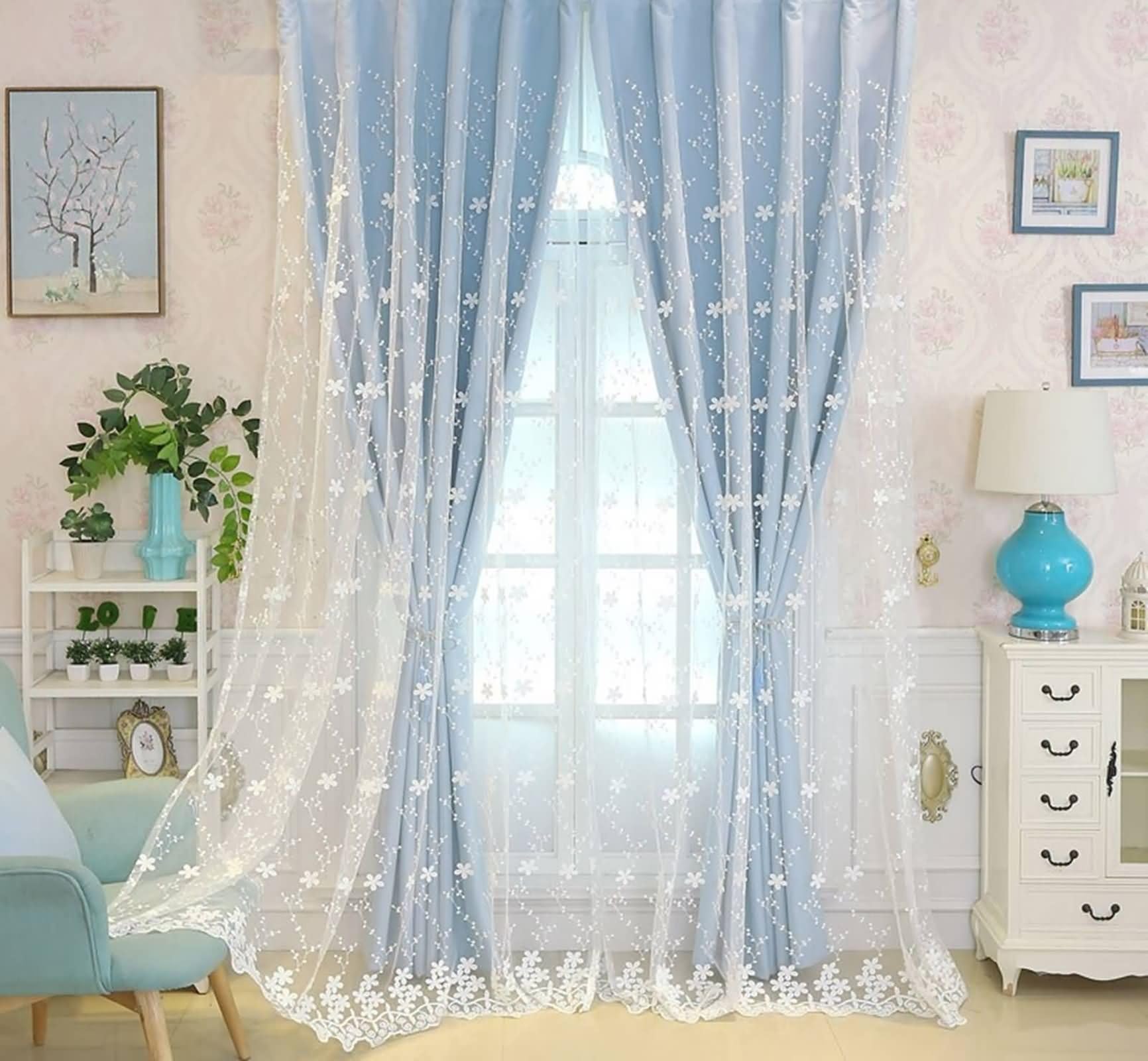 Rideau ultra occultant double couche bleu avec gaze brodée thermique